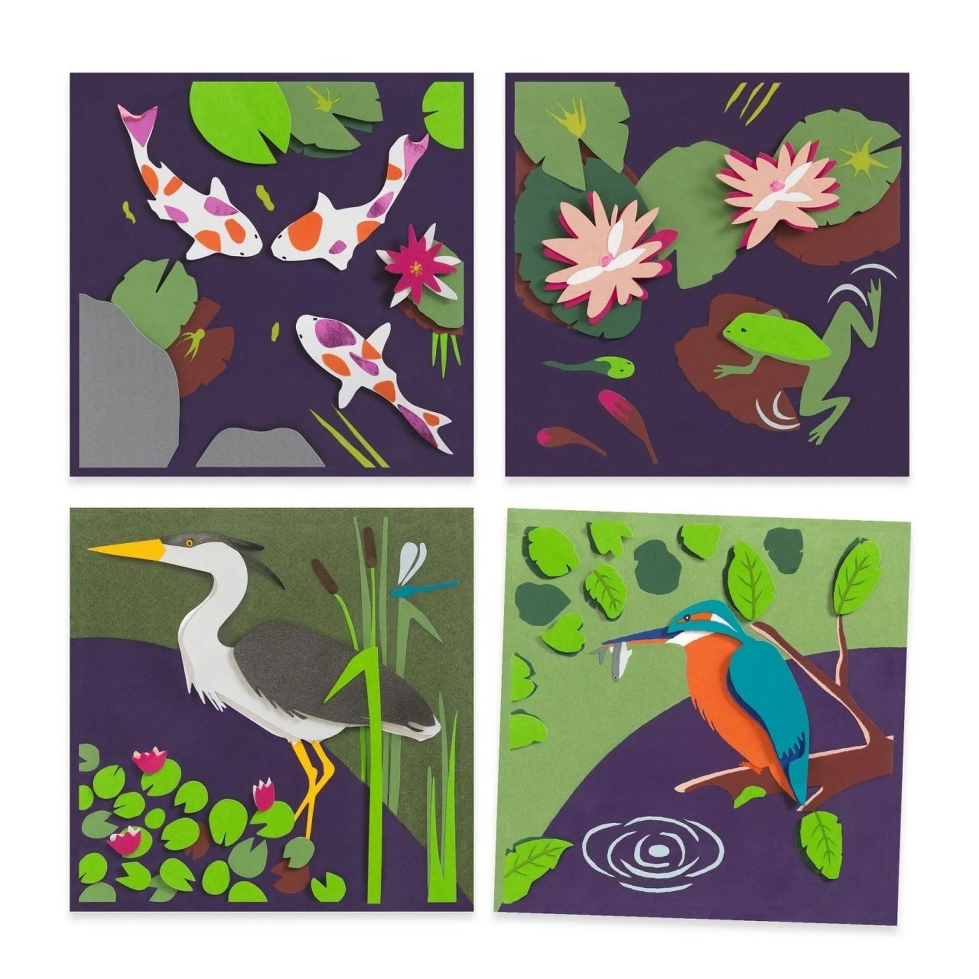 Négy elkészíthető 3D papírkép – halak, békák, gém és jégmadár részletgazdag illusztrációkkal.