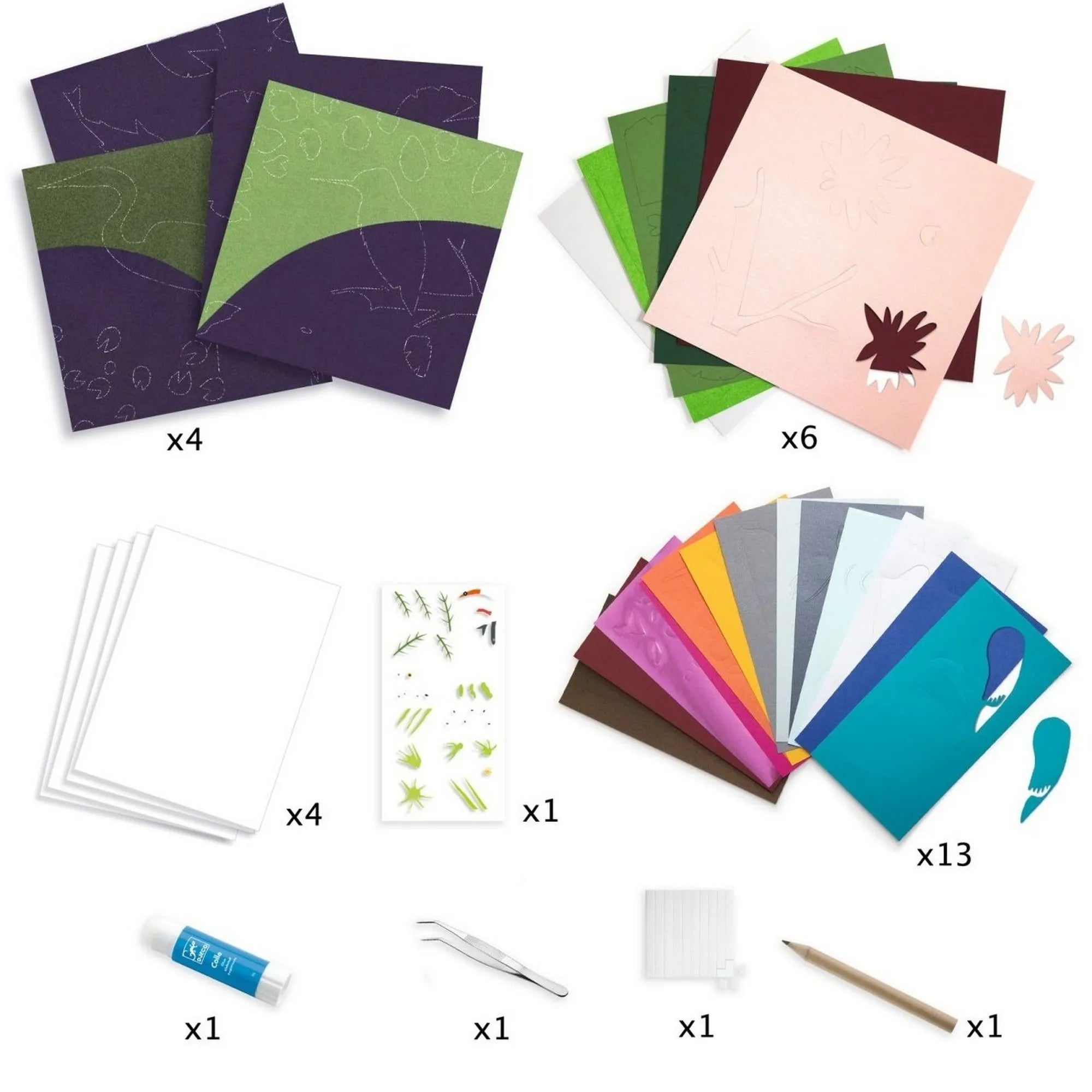 A Djeco kreatív készlet teljes tartalma – papírlapok, sablonok, csipesz, ragasztó, habmatricák és dekorációs elemek.