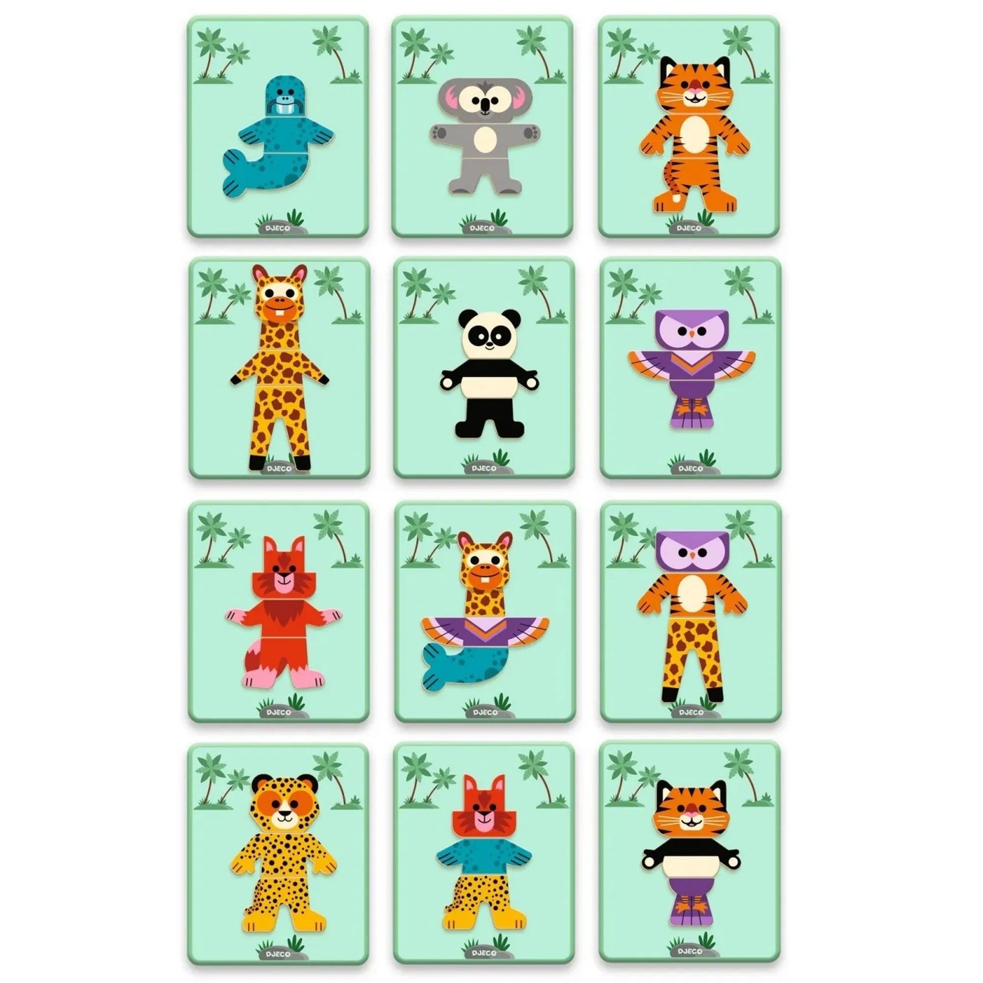 Djeco Állatos mágneses képkirakó – elkészült állatfigurák mágneses kártyákon, kreatív összeállításokkal.