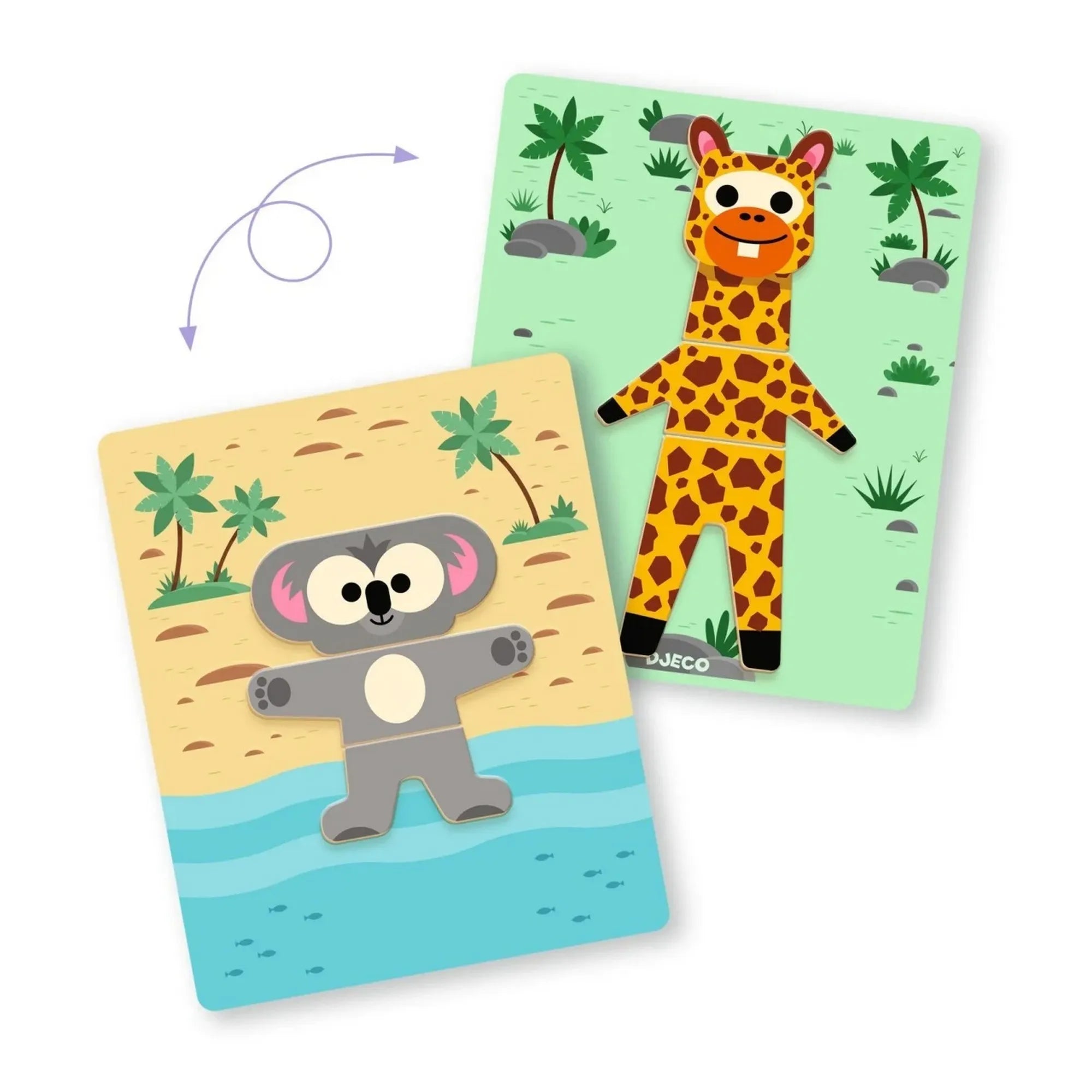 Djeco Állatos mágneses képkirakó – mágneses figurák összeillesztése kártyán, zsiráf és koala mintával.