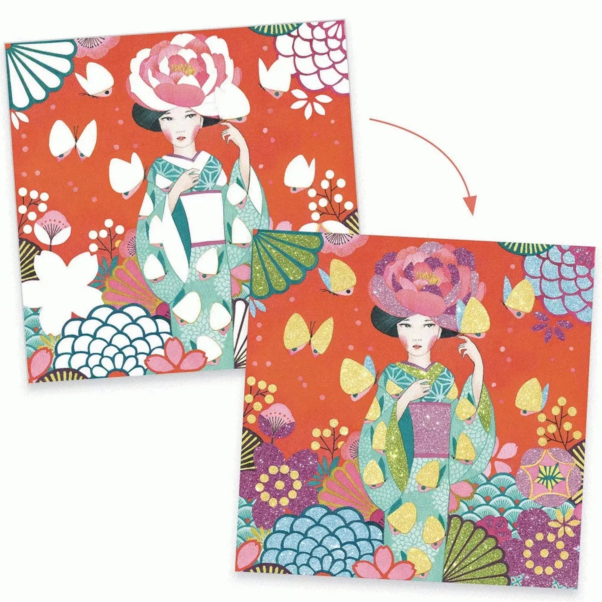 Az egyik csillámkép előtte-utána bemutatása: bal oldalon a lehúzható ragadós felületek fehér foltokként láthatók, jobb oldalon ugyanaz a kép már színes csillámporral díszítve, tele pillangókkal és fénylő elemekkel.