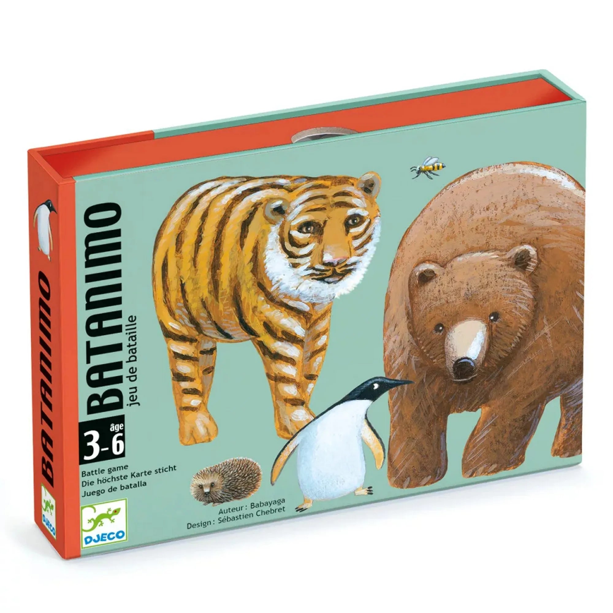 A Djeco Batanimo kártyajáték doboza tigris, jegesmedve, pingvin, sün és méh illusztrációival, zöld alapon, narancssárga belsővel, 3–6 éves korosztálynak ajánlva.