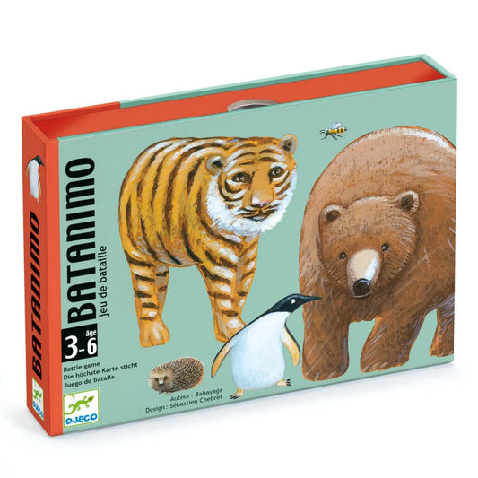 A Djeco Batanimo kártyajáték doboza tigris, jegesmedve, pingvin, sün és méh illusztrációival, zöld alapon, narancssárga belsővel, 3–6 éves korosztálynak ajánlva.