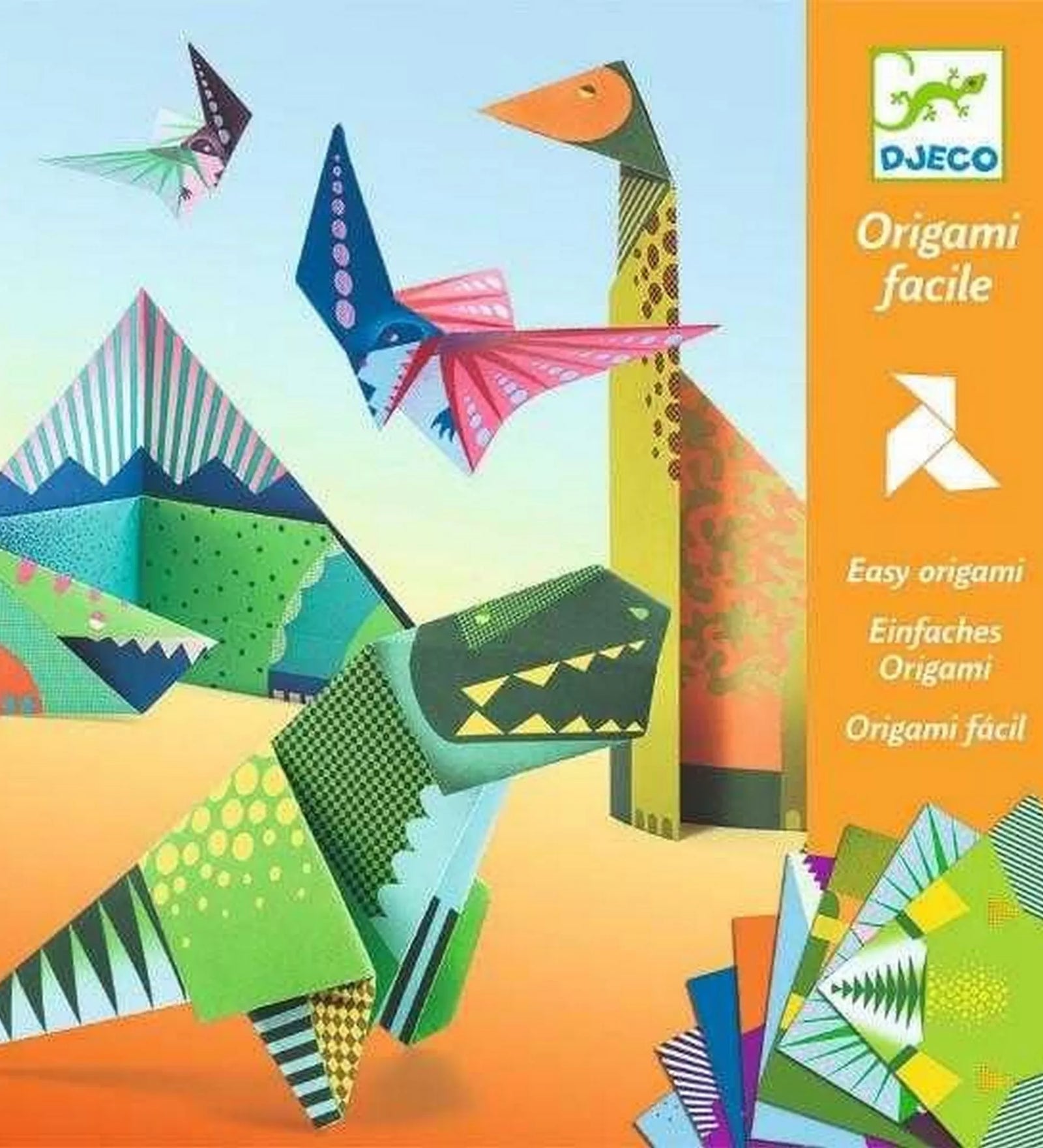 „A Djeco Dinoszauruszok – Origami készlet borítója színes, élénk mintájú papírhajtogatott dinoszaurusz figurákkal: repülő pterodaktilus, hosszú nyakú dinoszaurusz és zöld T-rex. A jobb oldalon a Djeco logó és az Origami Facile felirat látható narancssárga háttéren.”