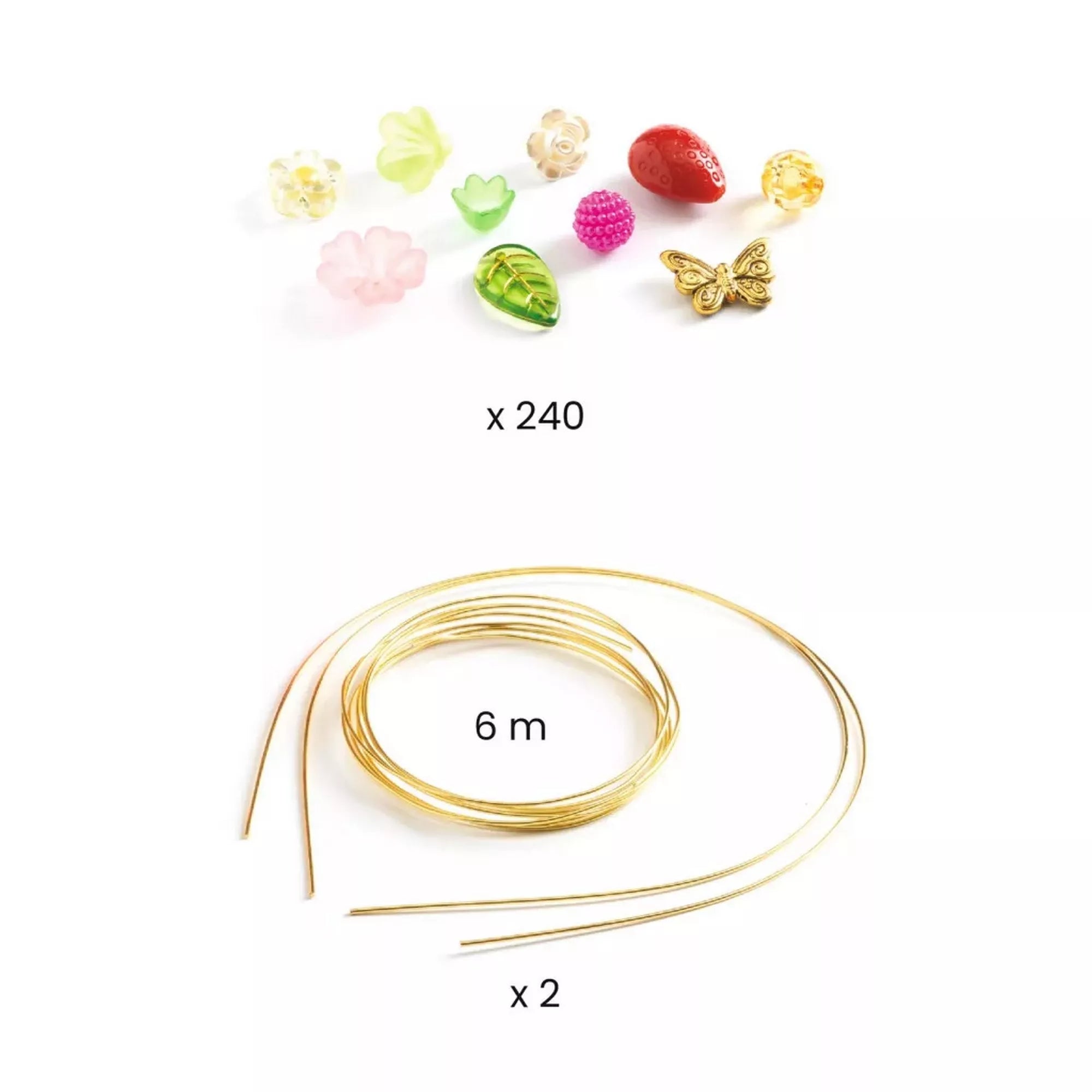 A Djeco Dupla tiara, rózsaszín készlet tartalma – 240 különböző színű akrilgyöngy, arany pillangó díszek és 6 méter rugalmas fémszál.