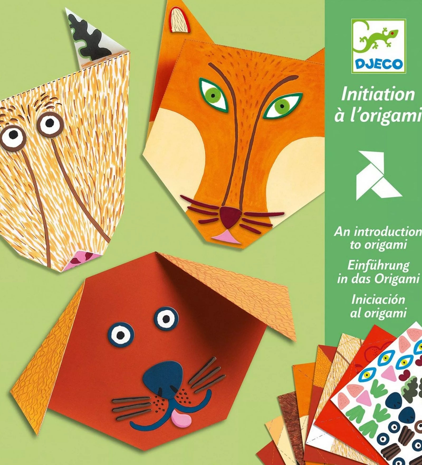 Djeco Erdei Állatok origami készlet bemutatóképe, róka, kutya és baglyos papírfigurákkal, matricás díszítéssel, gyermekeknek készült kreatív játék