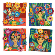 Set creativ Inspired by Frida Kahlo készlet négy elkészült 3D képével, Frida Kahlo ihlette portrékkal és színes papírvirágokkal díszítve