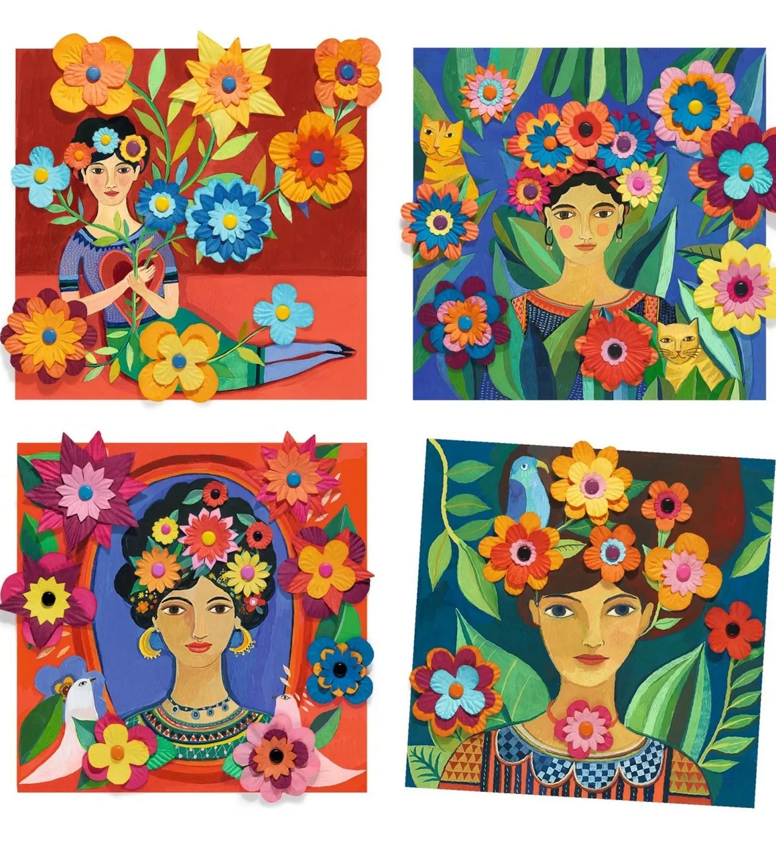 Set creativ Inspired by Frida Kahlo készlet négy elkészült 3D képével, Frida Kahlo ihlette portrékkal és színes papírvirágokkal díszítve