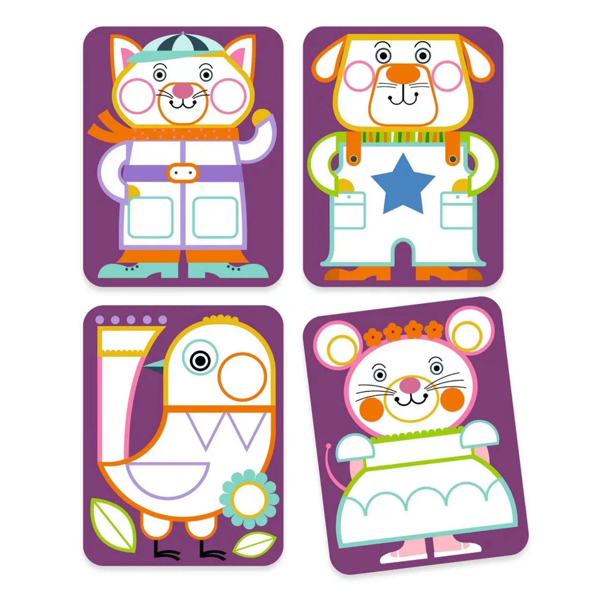 A Djeco – Palettás festés: Vicces állatok készlet négy festőlappal, melyeken macska, kutya, madár és egér figura látható színezésre készen.