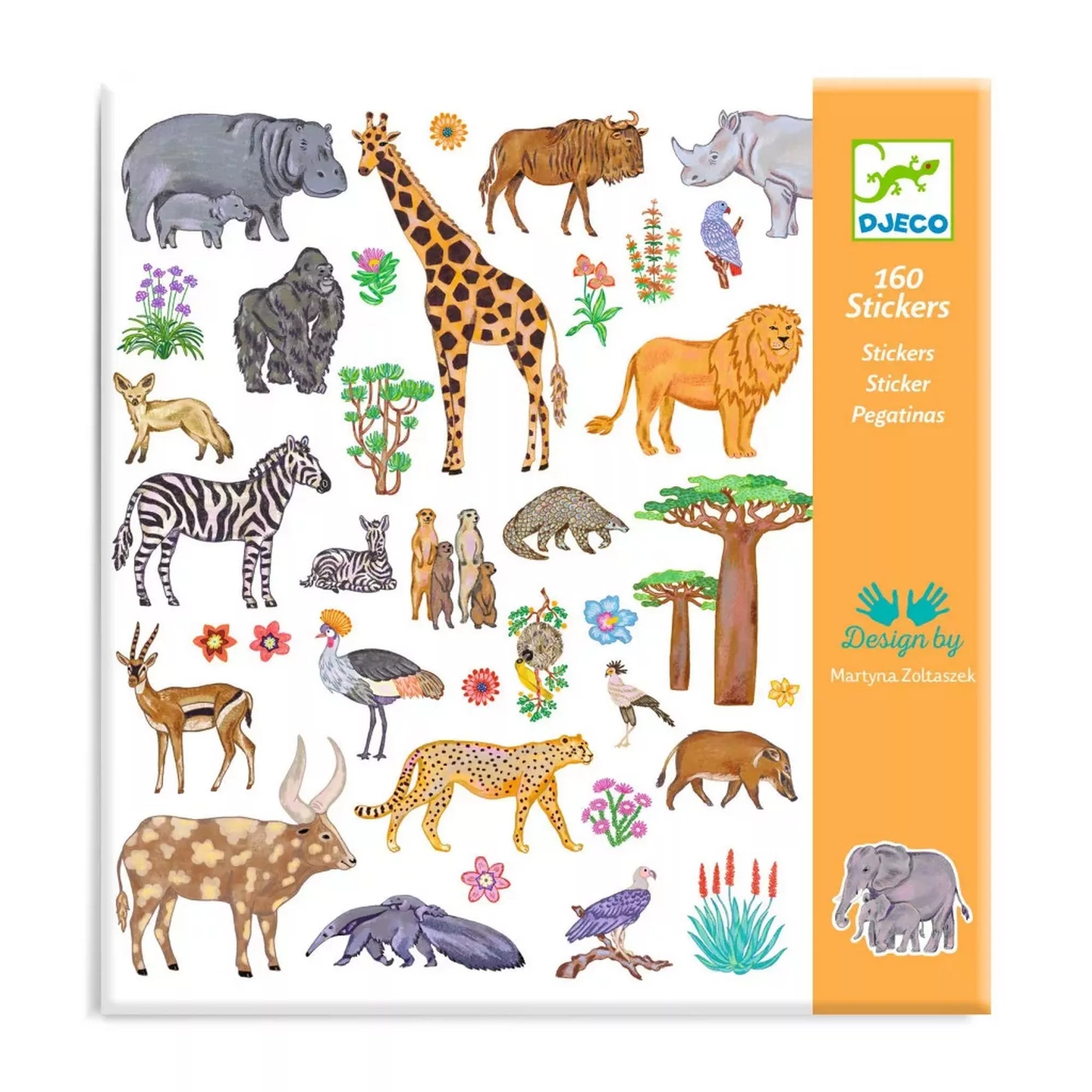 Djeco Kenya! Matrica gyűjtemény – 160 darab részletgazdag matrica afrikai állatokról, köztük oroszlán, zsiráf, zebra, elefánt és orrszarvú illusztrációival.