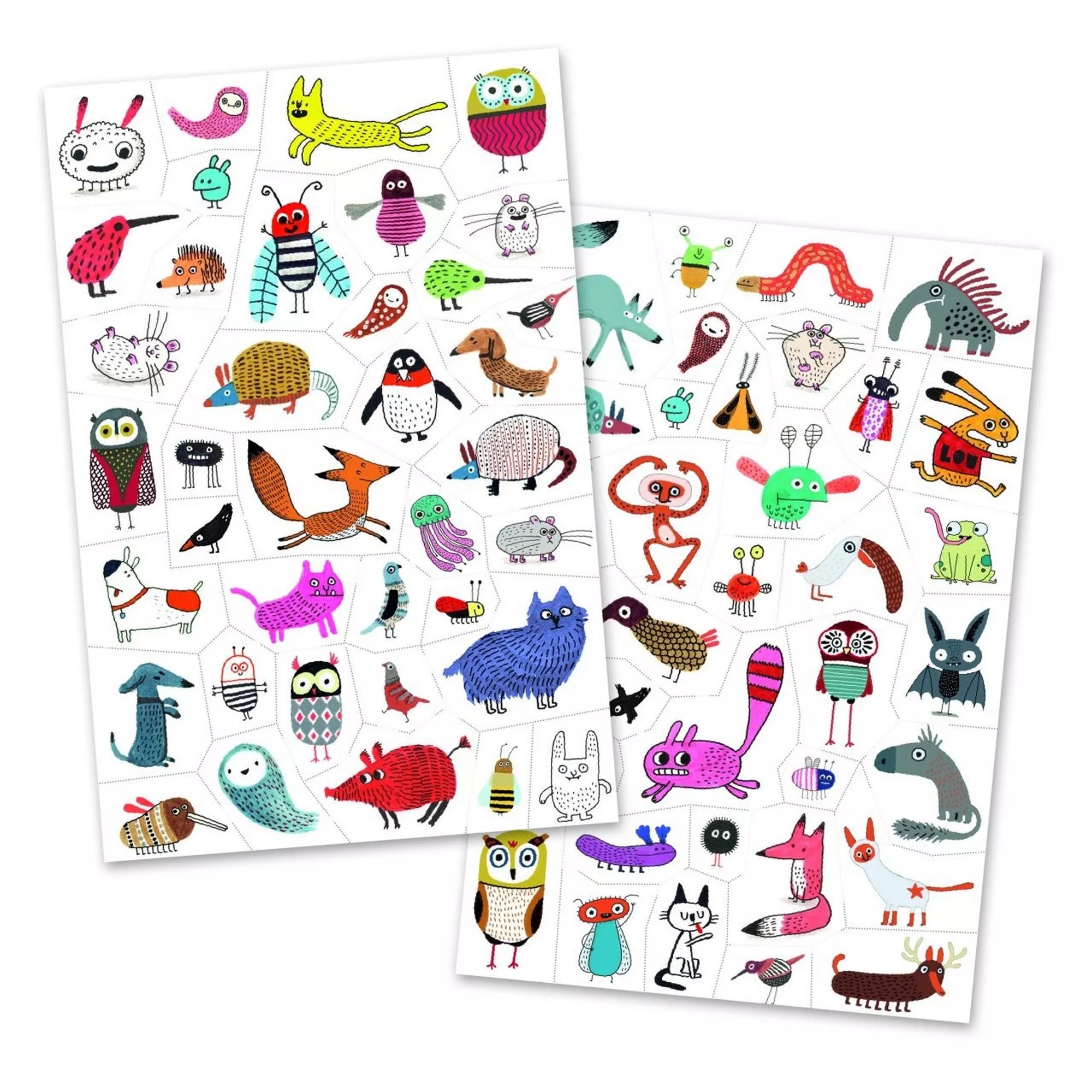 Két ív színes, mókás állatmintás Djeco ideiglenes tetoválás gyerekeknek, baglyokkal, rókákkal, cicákkal és más vidám figurákkal.