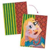 Inspired by Picasso kreatív készlet egyik alaplapja, rétegzett geometrikus formákból összeállított kubista portré bemutatása