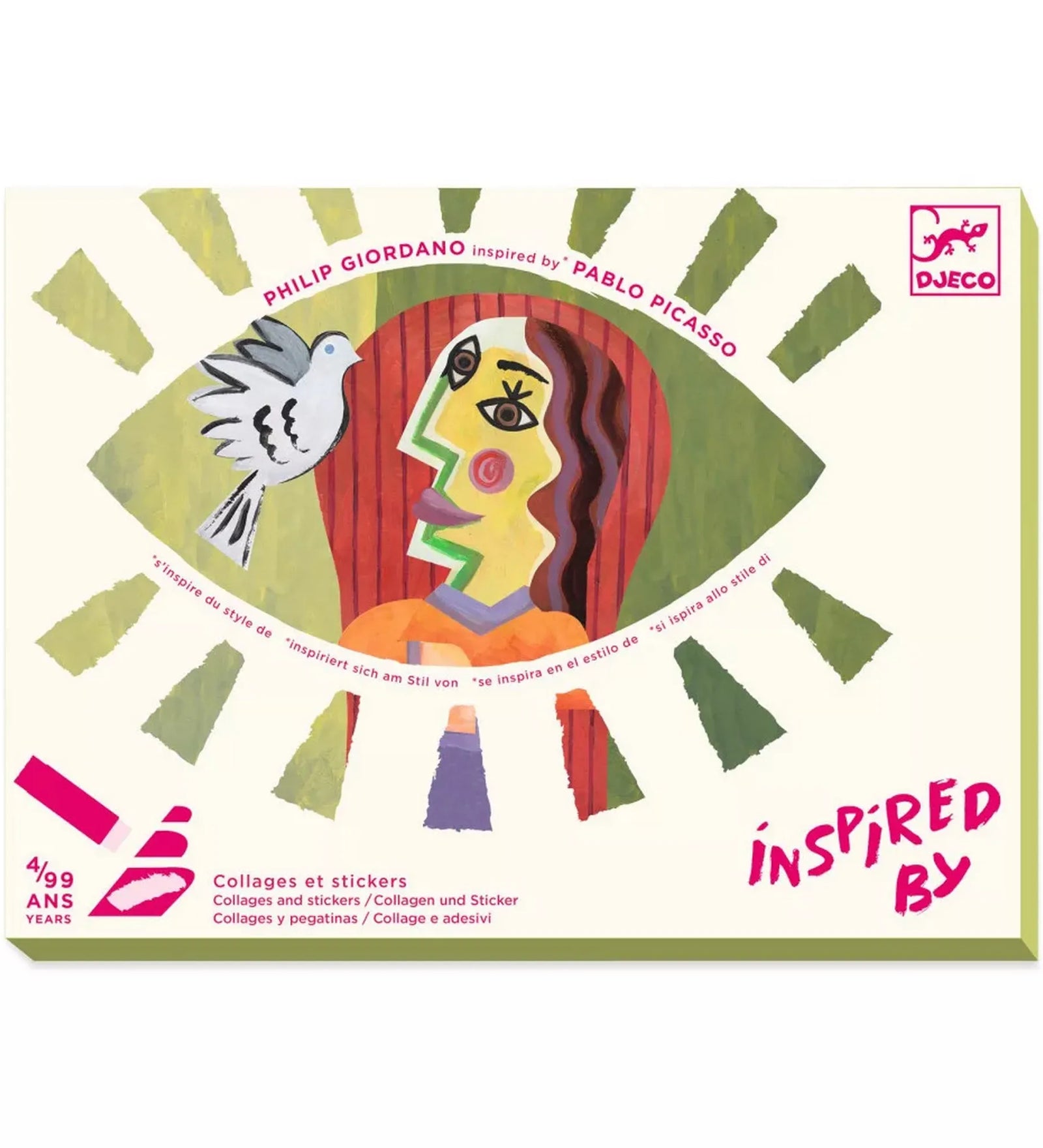 Atelier creativ Cap pătrat Inspired by Picasso Djeco kreatív készlet doboza, kubista stílusú portréval és Pablo Picasso által inspirált grafikával