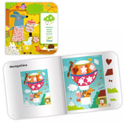 Djeco kollázskészlet illusztrált feladatfüzete, ballonmotívumos képpel és öntapadós habszivacs formák helyeivel, gyerekeknek 3 éves kortól