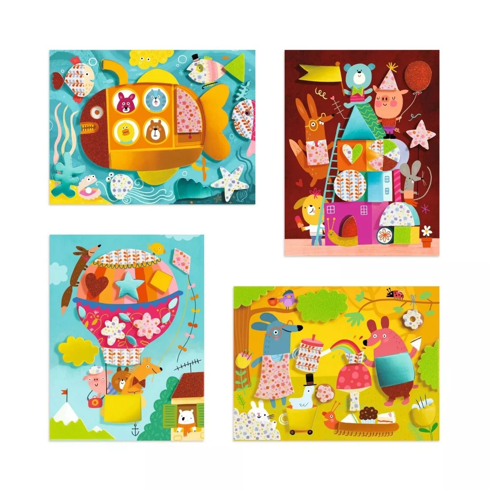 Djeco kreatív kollázs készlet elkészült mintaképei, színes állatos jelenetekkel, habszivacs elemekkel díszítve, mozaikos hatású alkotások