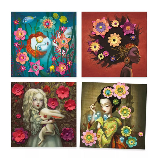 Decor floral 3D készlet négy elkészült portréja, papírvirágokkal díszített művészi illusztrációk