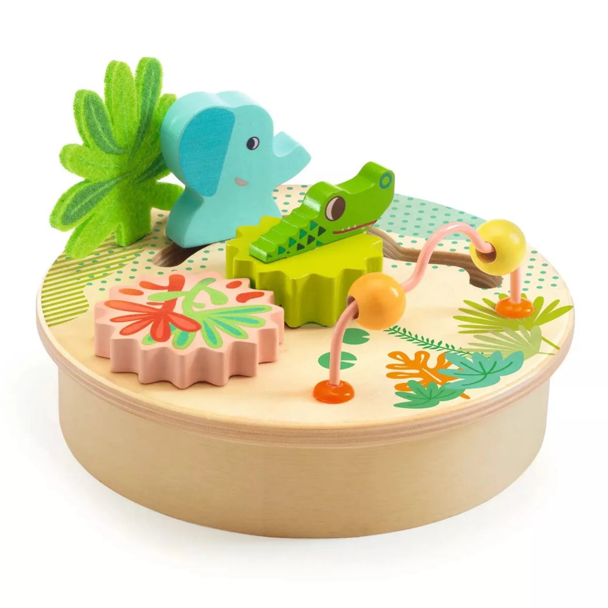 Djeco Mini foglalkoztató asztal – Színes fa bébijáték elefánttal, krokodillal és golyóvezető elemmel, finommotorika-fejlesztéshez.