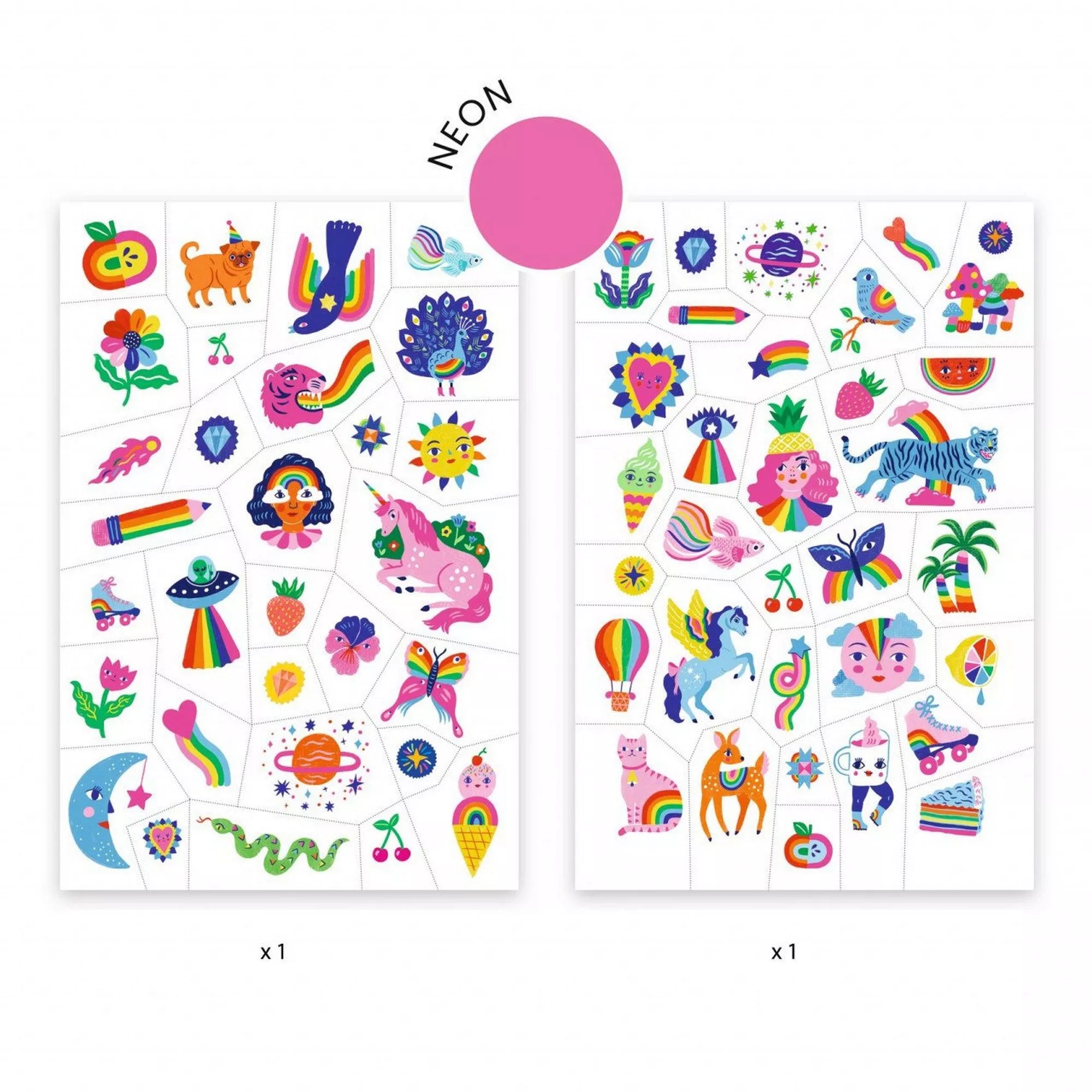 A Djeco Szivárvány tetoválások két íve, tele színes, neon árnyalatú mintákkal – unikornisok, bolygók, tigrisek, szívek, fagylaltok és szivárványos motívumok.