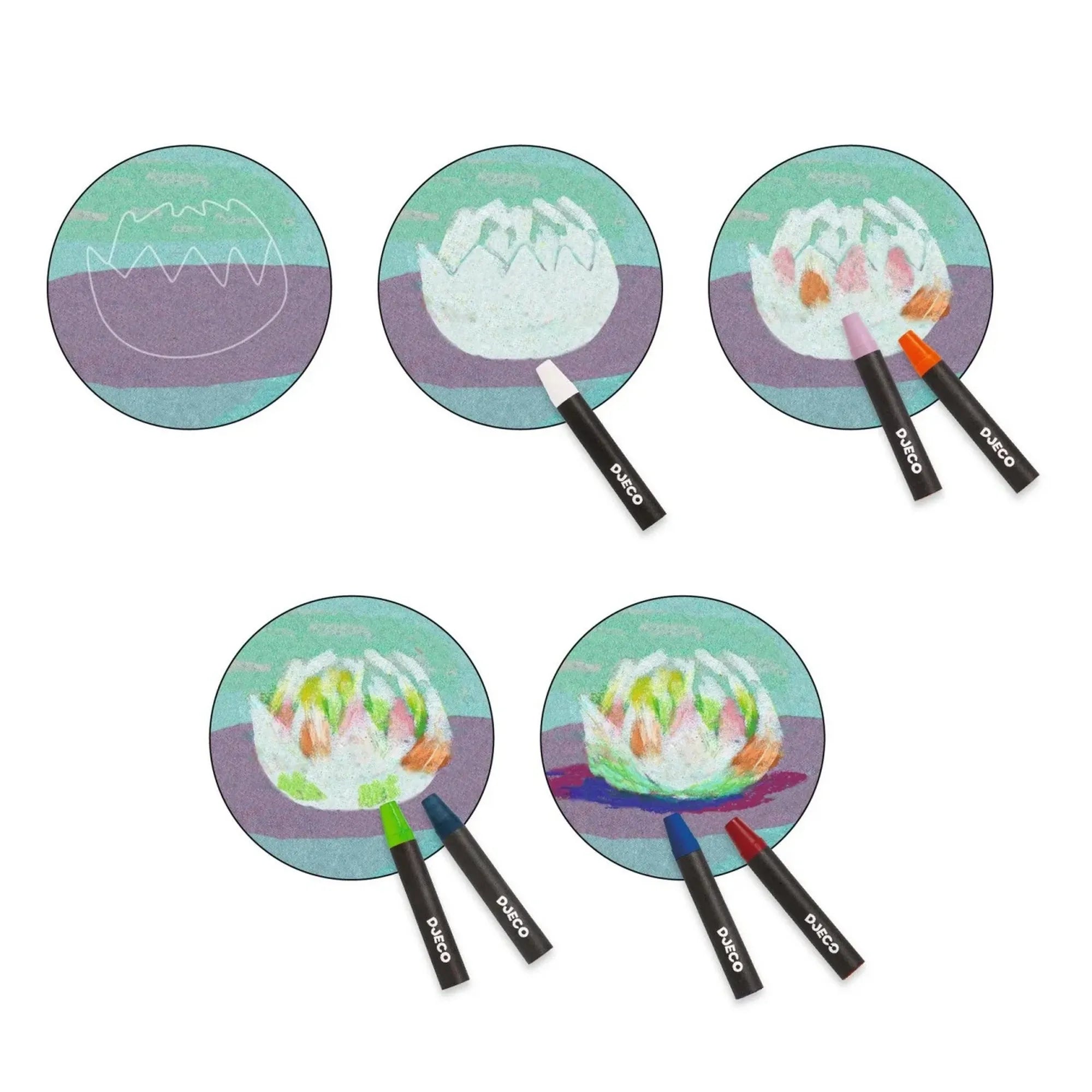 Djeco Tavi rózsák művészkészlet alkotási folyamata, pasztellkrétákkal készülő tavi rózsa motívum lépésről lépésre