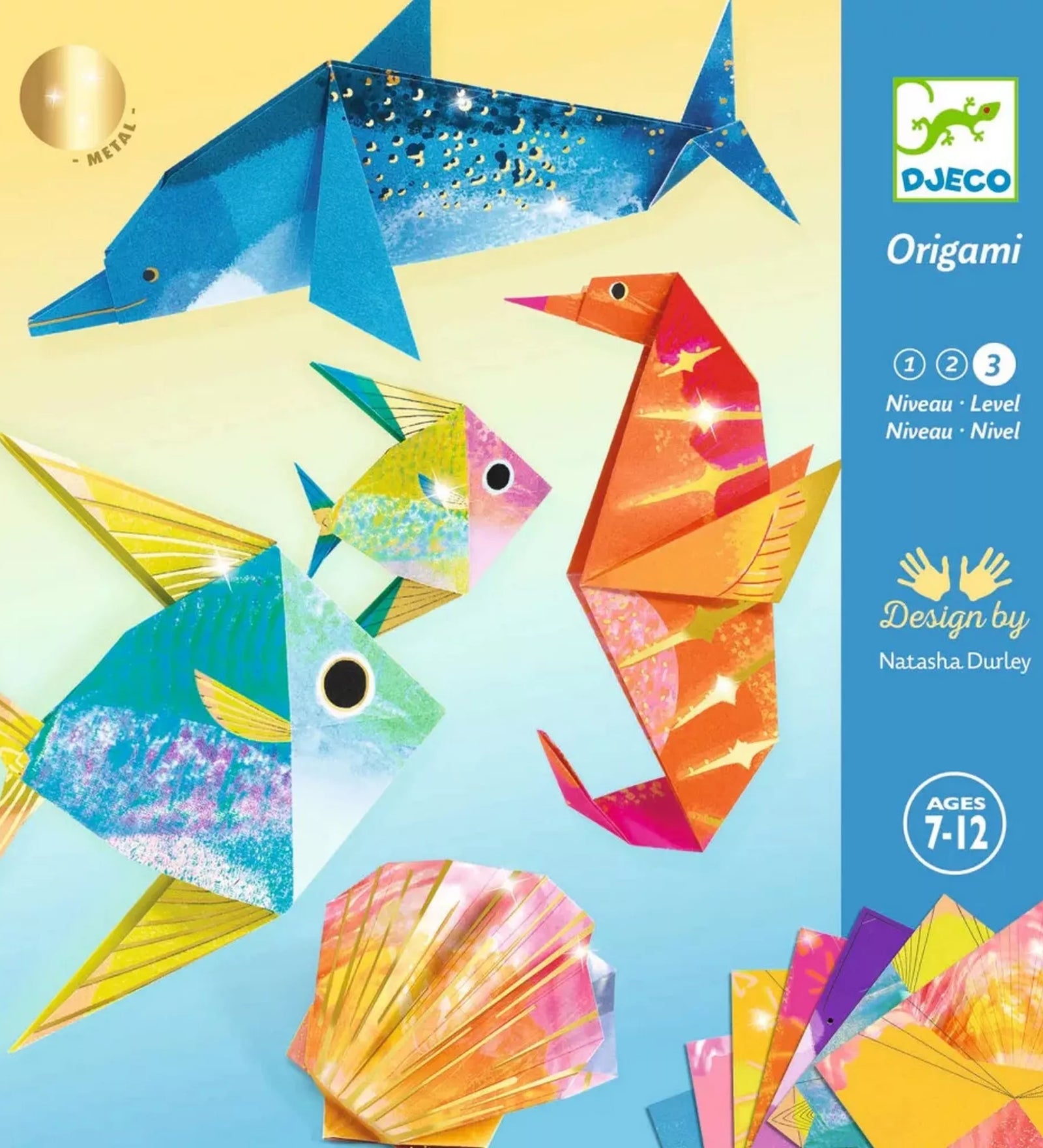Tengeri élet papír origami Djeco készlet doboza, fémes hatású delfinnel, halakkal, csikóhallal és kagylóval, 7–12 éveseknek