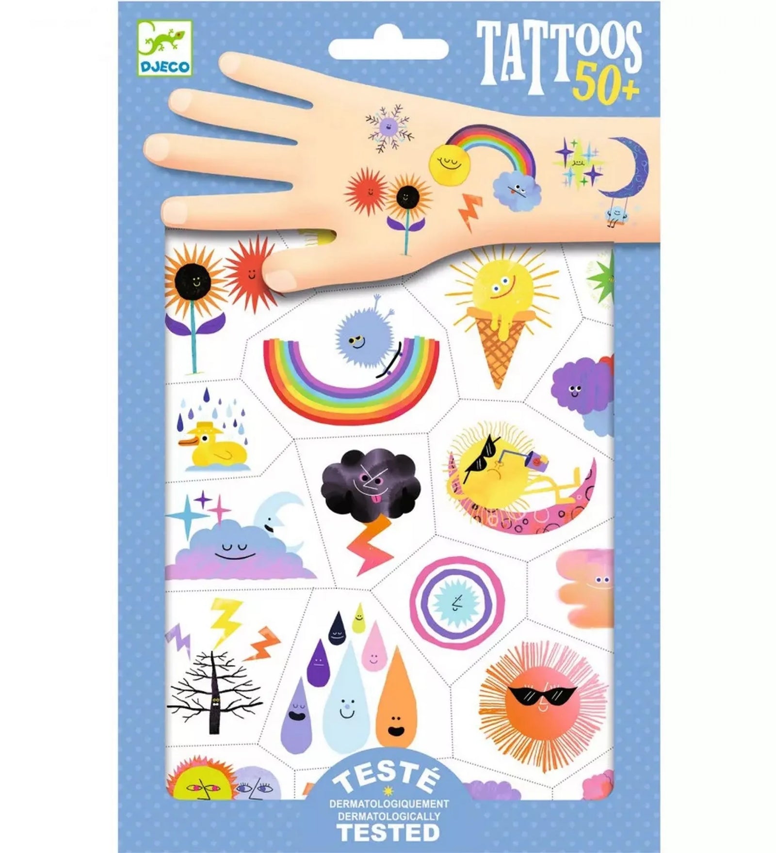 A Djeco Időjárás tetoválások csomagolása, amelyen egy kézre felhelyezett minták – nap, szivárvány, felhő és hold – láthatók, mellette a színes tetoválólap mintái.