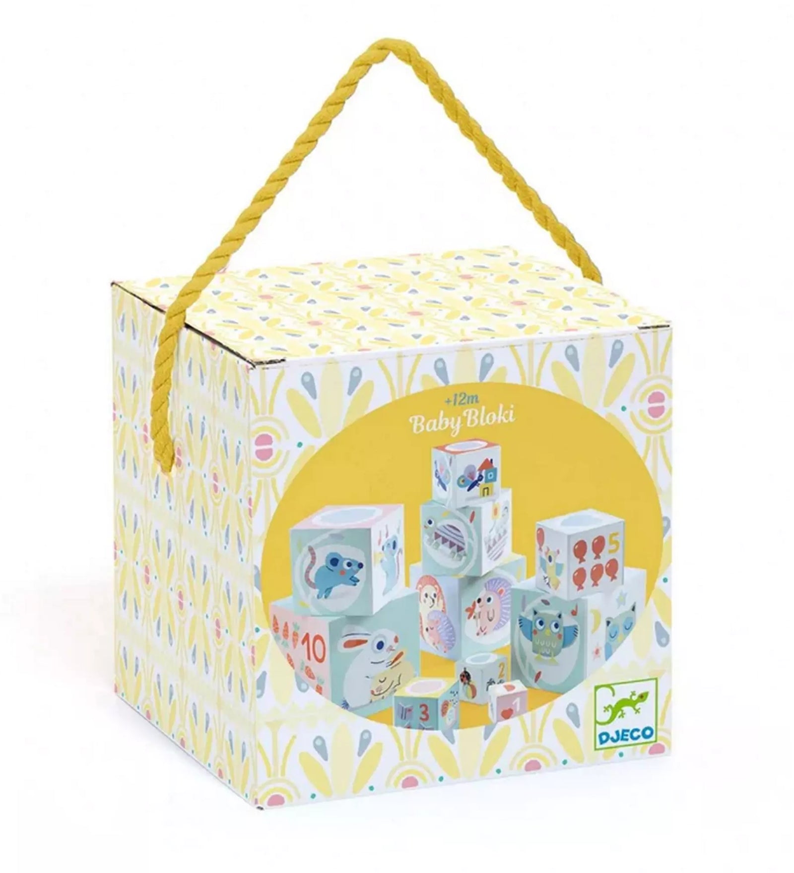 Djeco Baby Bloki építőkocka készlet doboza, amely színes, állatos és számos illusztrációval ellátott toronyépítő kockákat tartalmaz.