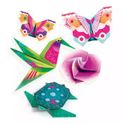 Trópusi motívumos origami figurák, kolibri, pillangók, rózsa és teknős színes papírból hajtogatva, Djeco kreatív készlet