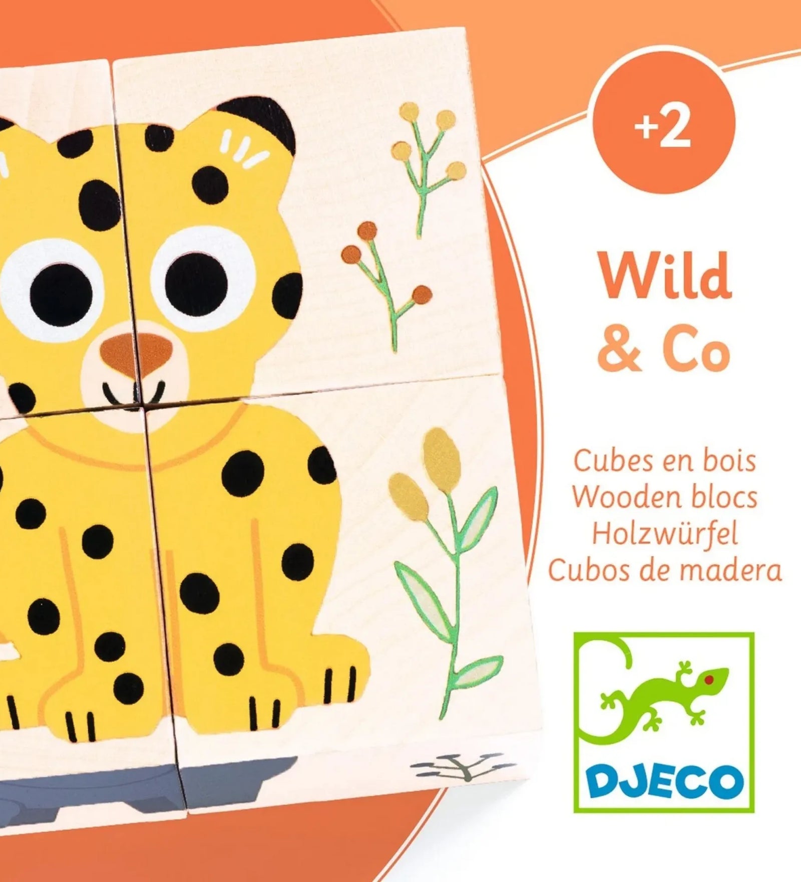 Djeco Vadállatok Mesekocka Wild & Co doboz részlete, fa mesekockák állatos mintával, +2 éveseknek