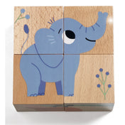 Djeco Vadállatok Mesekocka elefánt figura kirakva 4 fa kockából, kisgyermekeknek készült fejlesztő játék