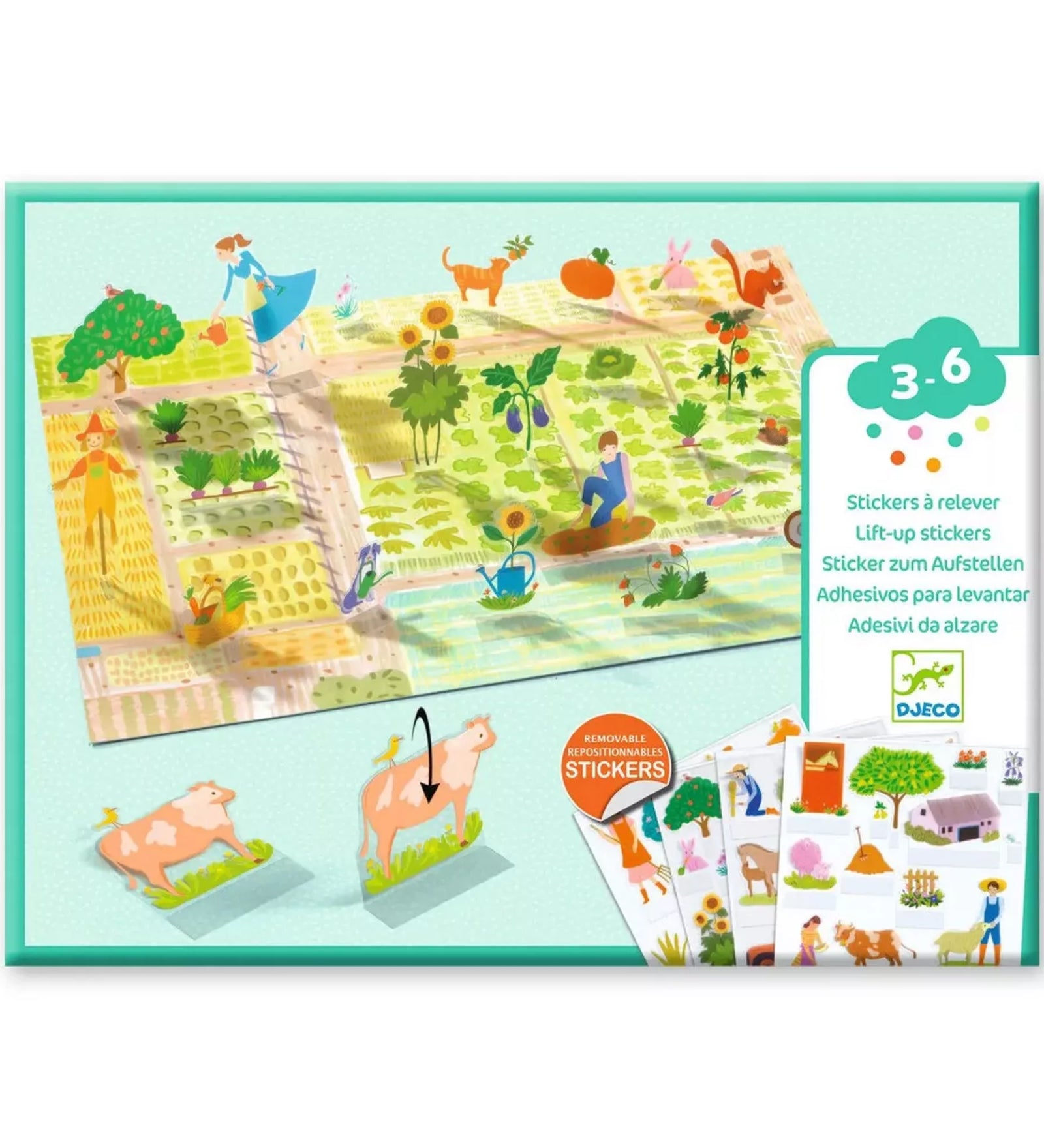 A Djeco Vidéki mesélés! Matricázó szett doboza, amely bemutatja a farm témájú, 3D-s matricás játékot. A csomagban újrahasználható matricák és nagy, színes háttérképek láthatók, amelyekkel a gyerekek életre kelthetik a vidéki jeleneteket.