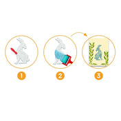 Három lépésben bemutatott gravírozási és festési folyamat egy nyuszi mintával.