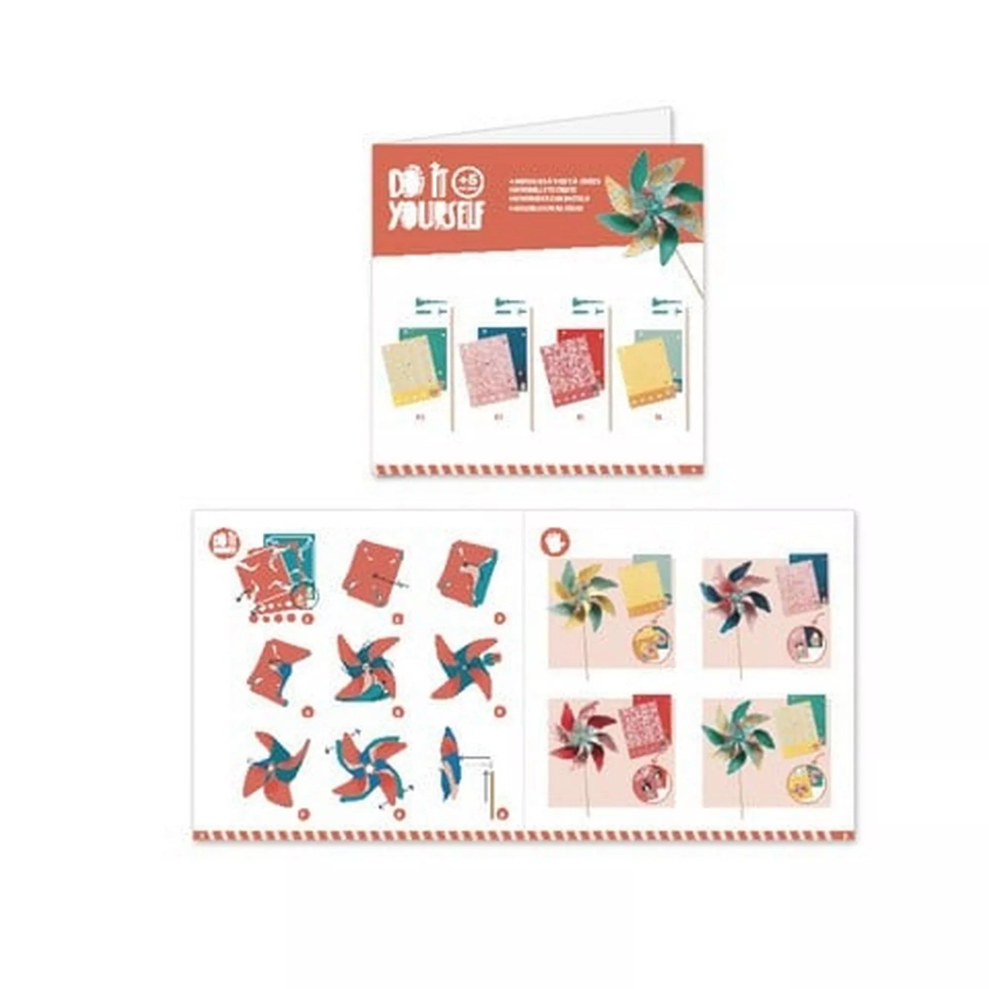 „A Djeco szélforgó készítő készlet útmutató füzetének nyitott oldalpárja, amely a lépésről lépésre illusztrált megoldásokat, minták variációit és a díszítő ötleteket mutatja.”