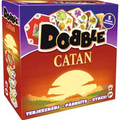 „Dobble Catan társasjáték doboza, vörös-narancs naplemente hátterű dizájnnal, a Dobble logóval és hatszögletű kártyák illusztrációival.”
