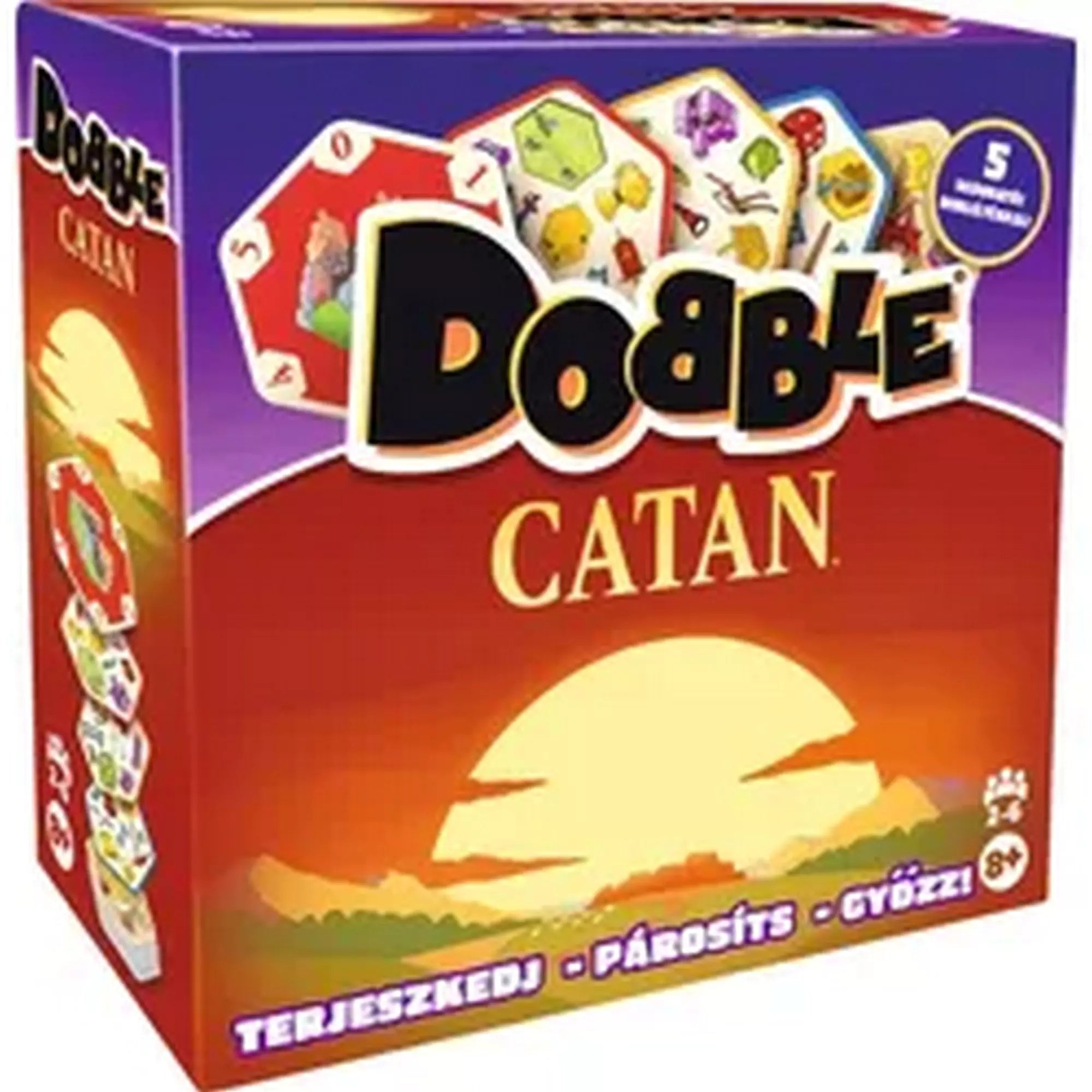 „Dobble Catan társasjáték doboza, vörös-narancs naplemente hátterű dizájnnal, a Dobble logóval és hatszögletű kártyák illusztrációival.”