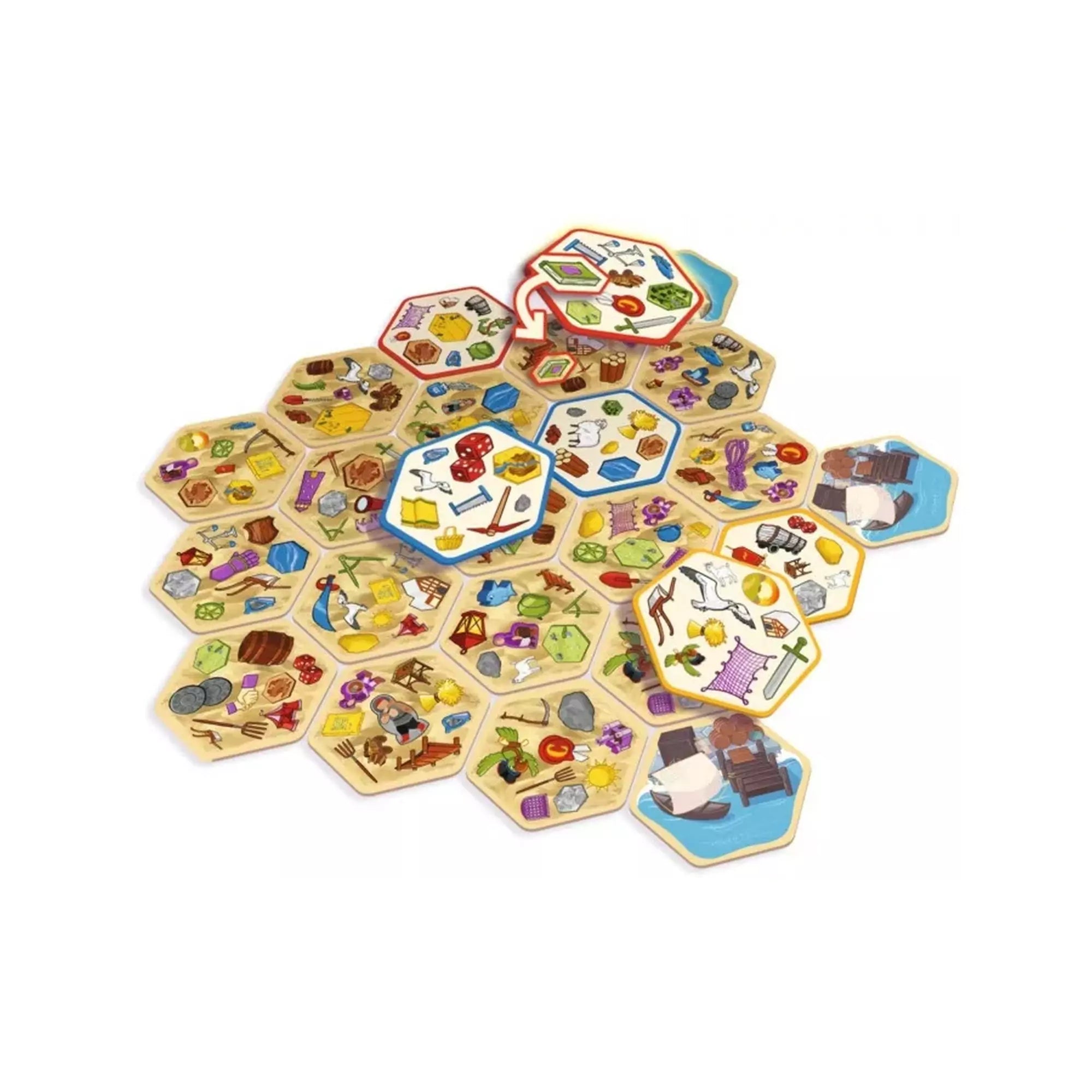 „Dobble Catan társasjáték hatszögletű kártyái, különböző Catan világához kapcsolódó szimbólumokkal, például nyersanyagokkal, épületekkel és tárgyakkal.”