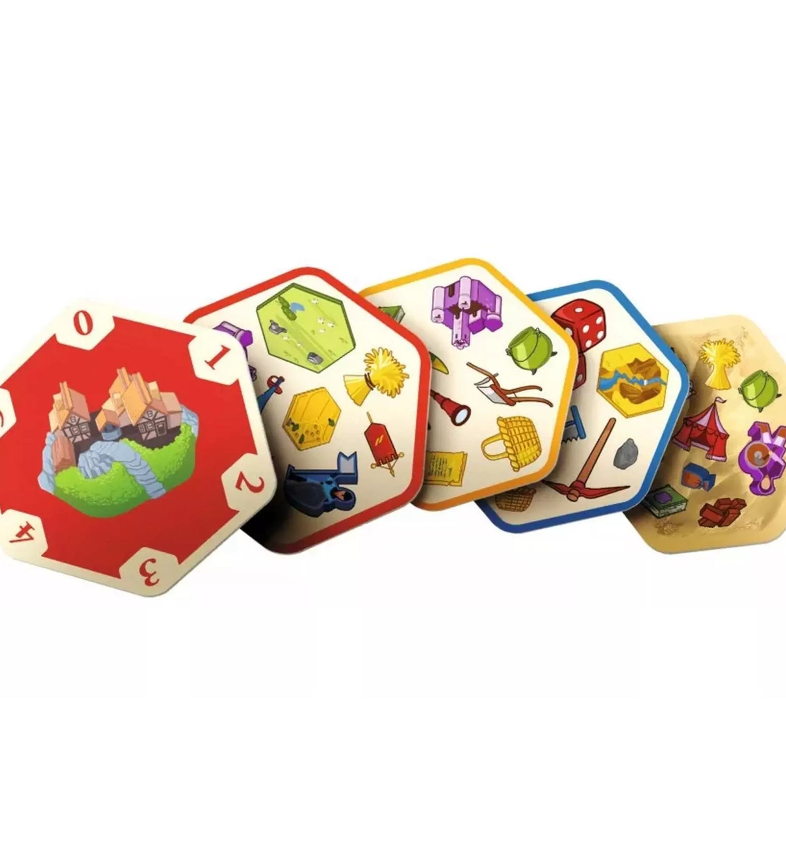 „A Dobble Catan társasjáték kártyái kiterítve az asztalon, színes hatszögletű lapokon változatos ikonok és szimbólumok láthatók, amelyek a gyors párosításra épülő játékot teszik izgalmassá.”