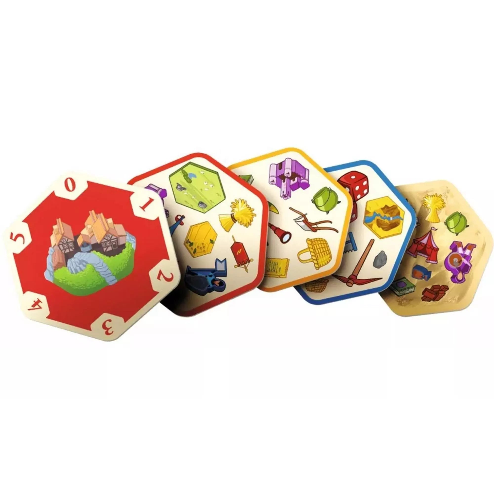 „A Dobble Catan társasjáték kártyái kiterítve az asztalon, színes hatszögletű lapokon változatos ikonok és szimbólumok láthatók, amelyek a gyors párosításra épülő játékot teszik izgalmassá.”