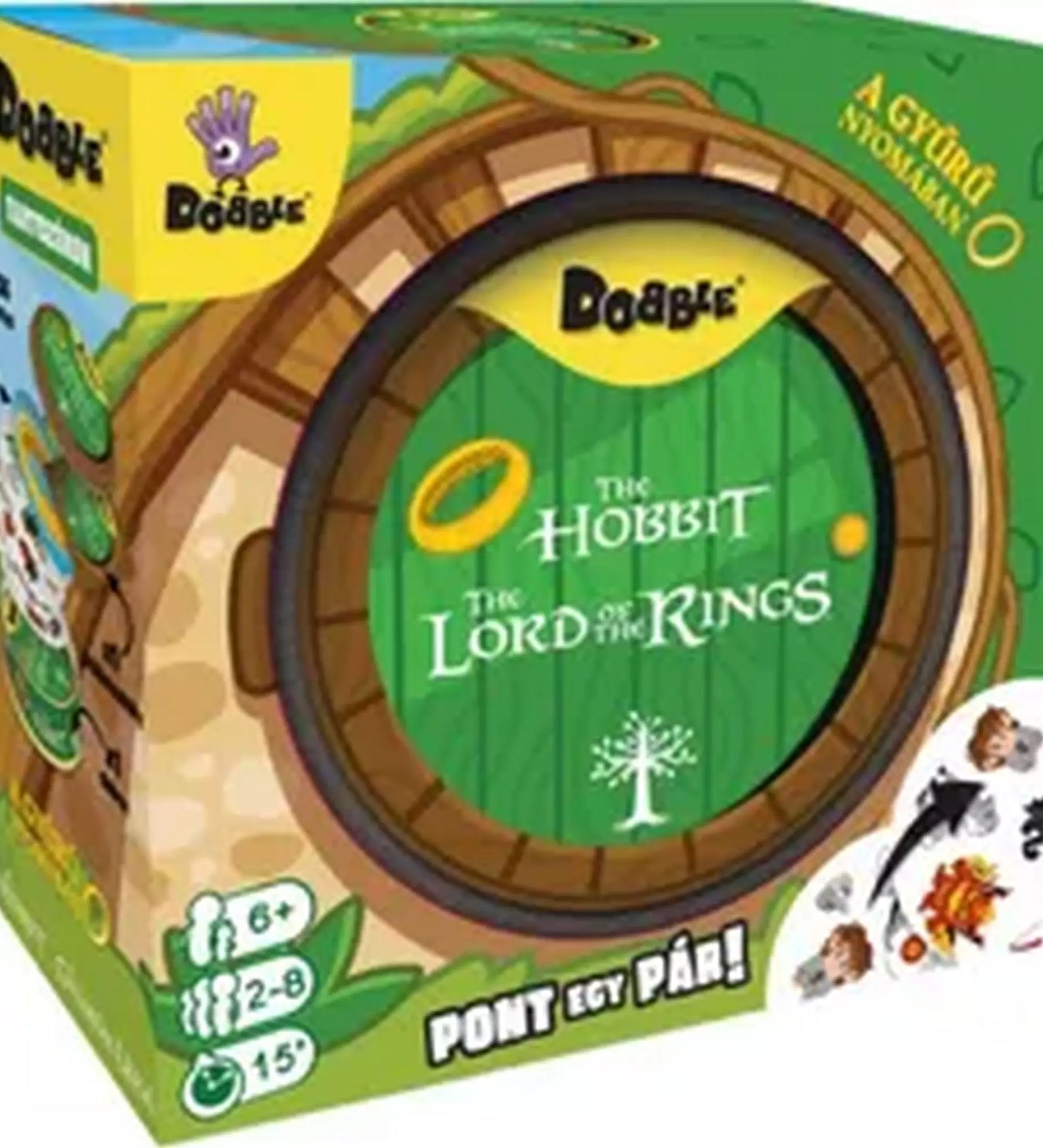 „Dobble Hobbit – A Gyűrűk Ura társasjáték doboza zöld, ajtó formájú dizájnnal, rajta a játék logója és ikonikus szimbólumai, alul a játékidő és játékosszám jelzésekkel.”