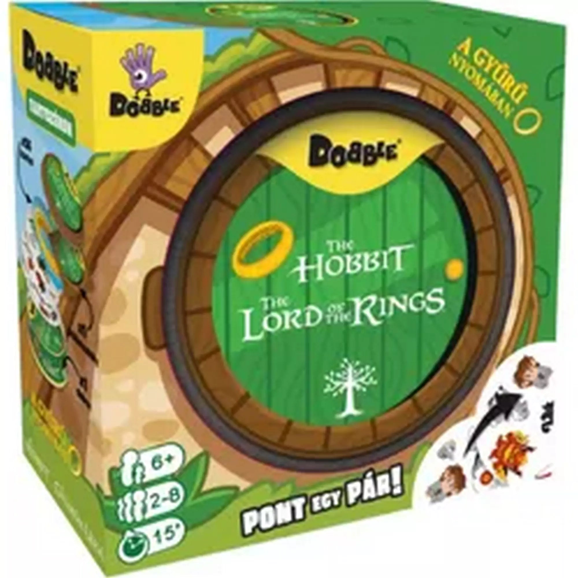 „Dobble Hobbit – A Gyűrűk Ura társasjáték doboza zöld, ajtó formájú dizájnnal, rajta a játék logója és ikonikus szimbólumai, alul a játékidő és játékosszám jelzésekkel.”