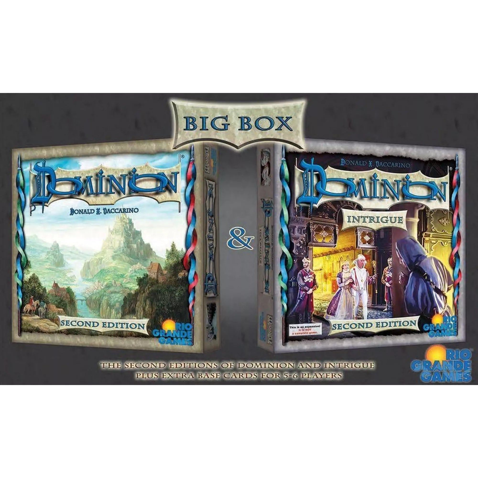 „Dominion: Big Box II angol nyelvű társasjáték doboza, amely tartalmazza a Dominion és a Dominion: Intrigue második kiadását, extra kártyákkal.”