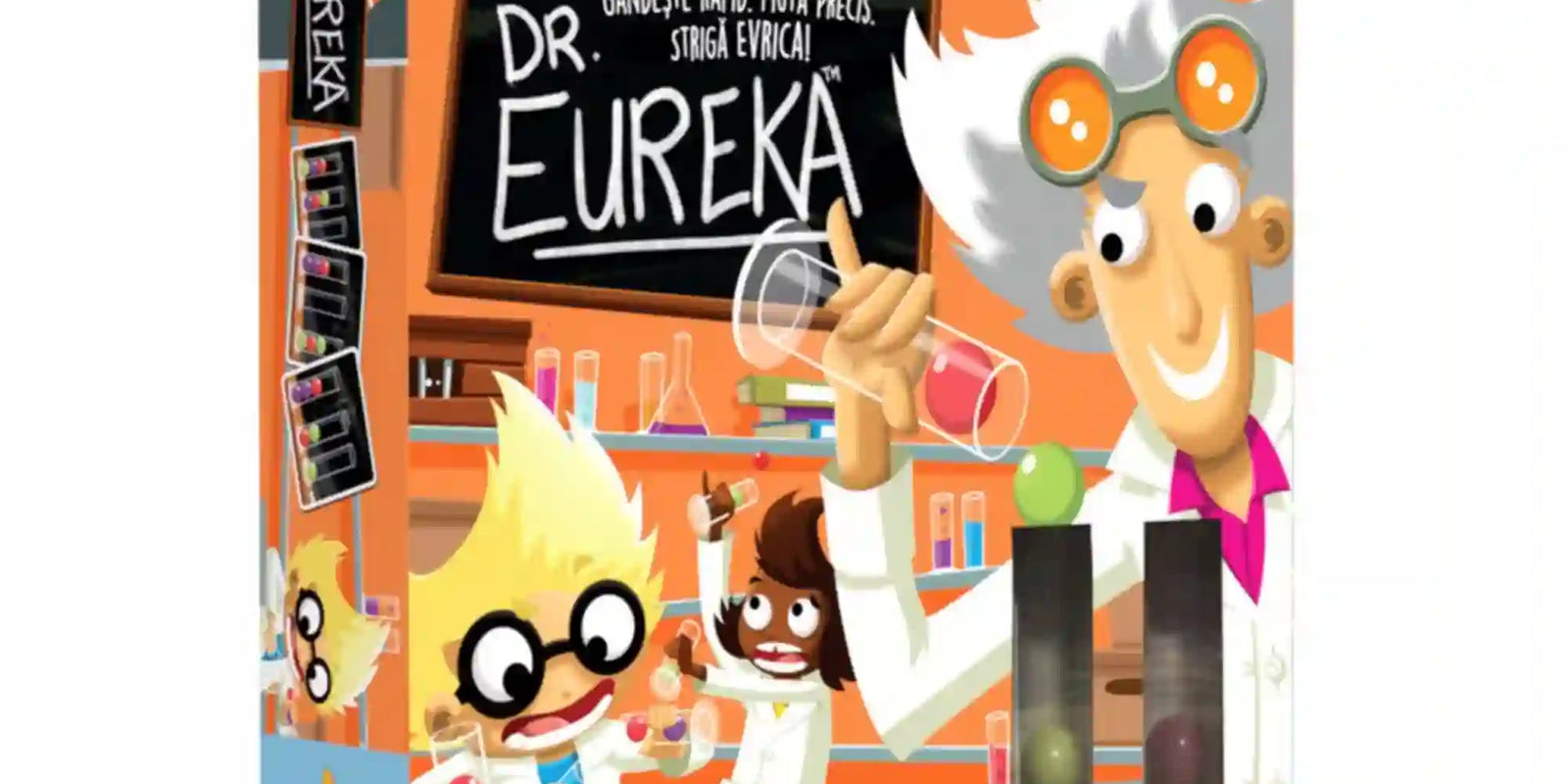 Dr. Eureka román nyelvű társasjáték doboza, rajta ősz hajú professzor védőszemüveggel, két fiatal tudós, színes golyók és kémcsövek egy laboratóriumban.