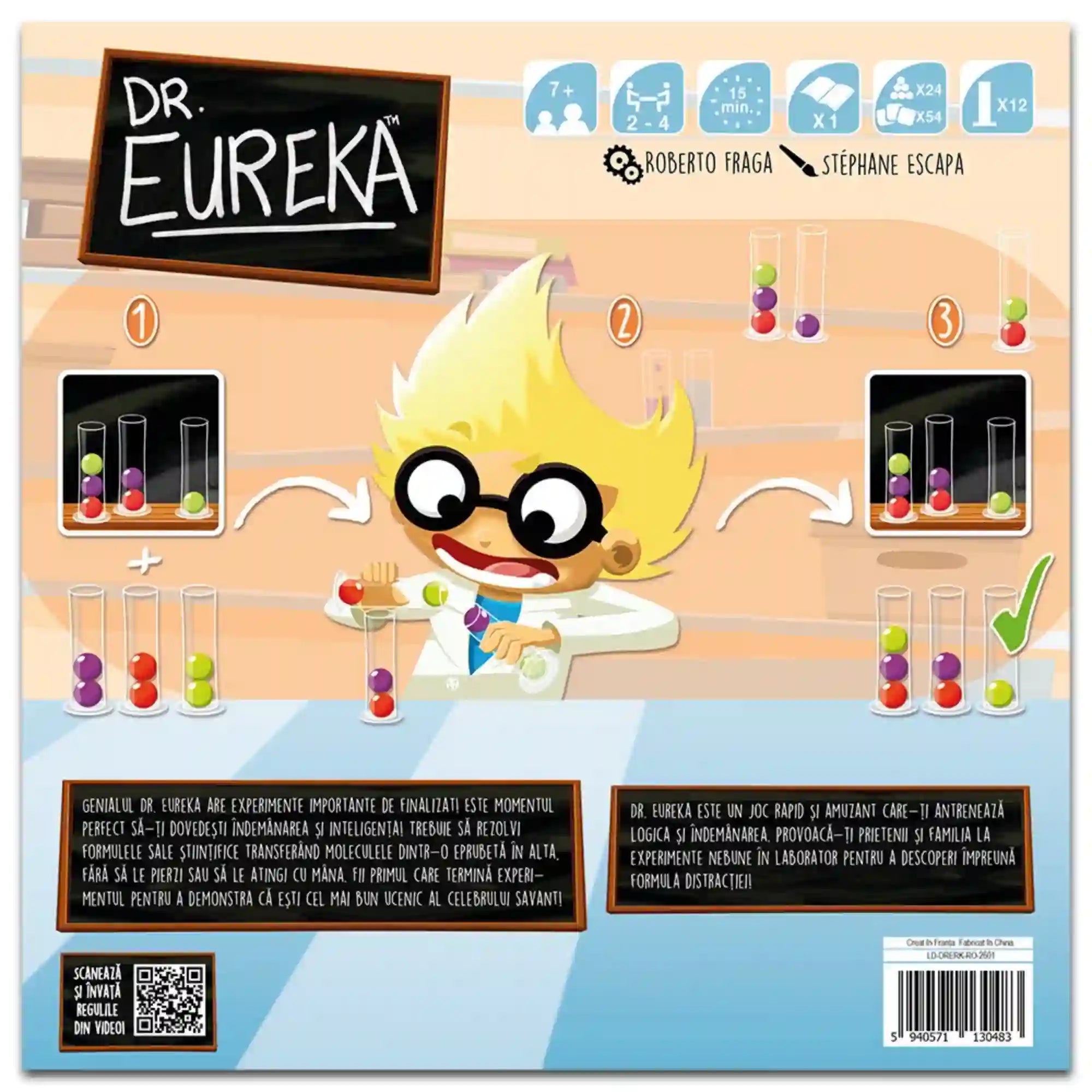 Dr. Eureka román nyelvű társasjáték dobozának hátoldala, rajta szemüveges rajzfilmfigurával, kémcsövekkel, színes golyókkal és a játék menetét bemutató ábrákkal.