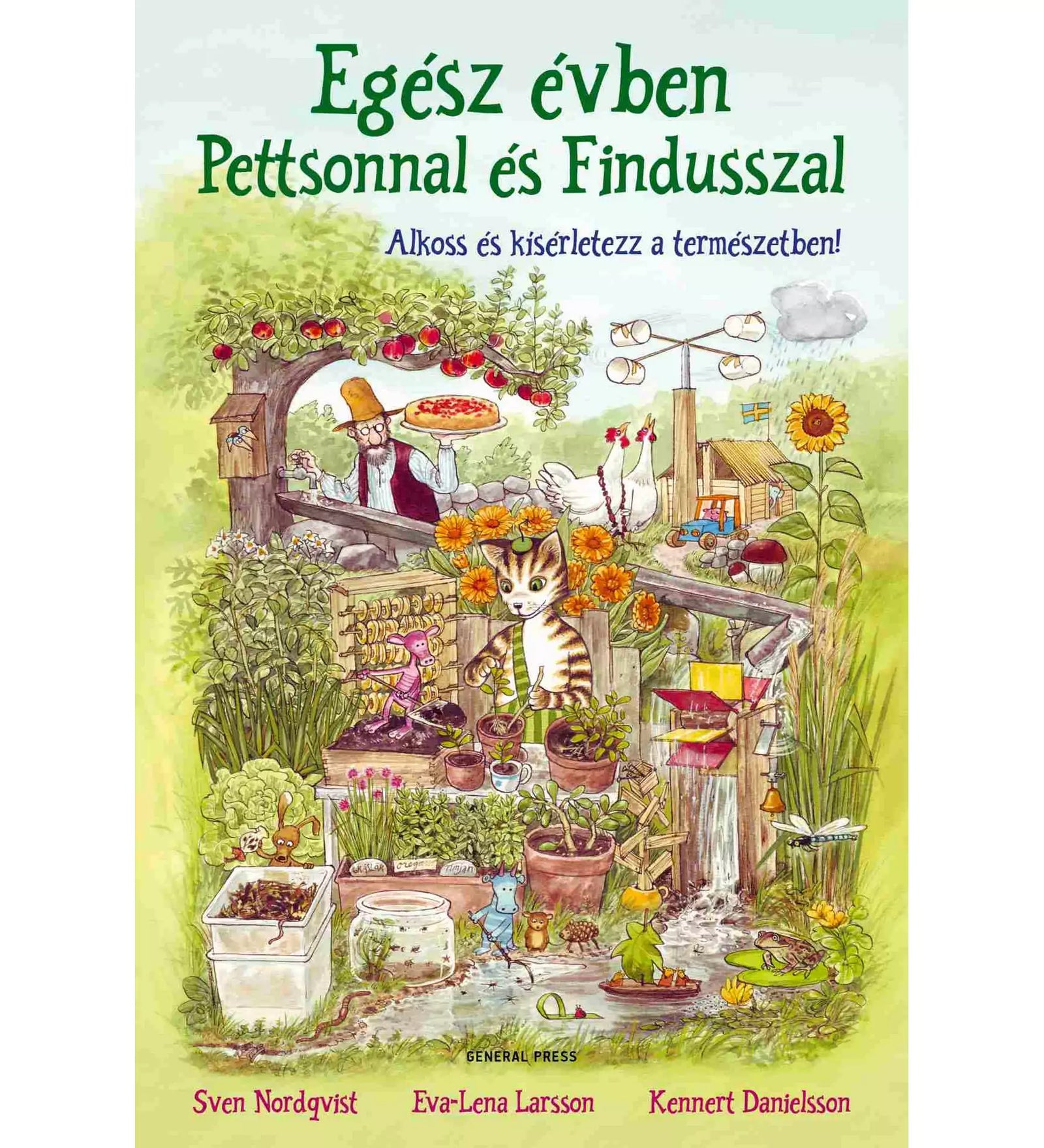 Alt szöveg: Az „Egész évben Pettsonnal és Findusszal” könyv borítója, amelyen Pettson pizzát süt egy almafa alatt, míg Findusz virágok között kertészkedik egy napsütötte, vidám természetrajzú jelenetben.