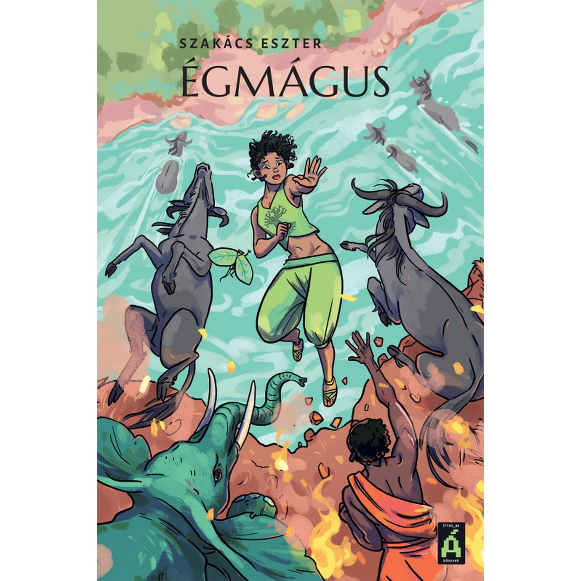 A Szakács Eszter: Égmágus könyv borítója, amelyen egy fiatal lány lebeg a levegőben varázslat közben, miközben vadállatok – gnúk és egy elefánt – rohannak körülötte élénk, fantasy hangulatú jelenetben.