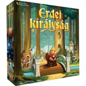 Erdei királyság magyar nyelvű társasjáték doboza, koronás mókuskirállyal egy hídon, erdei házikókkal és állatfigurákkal.