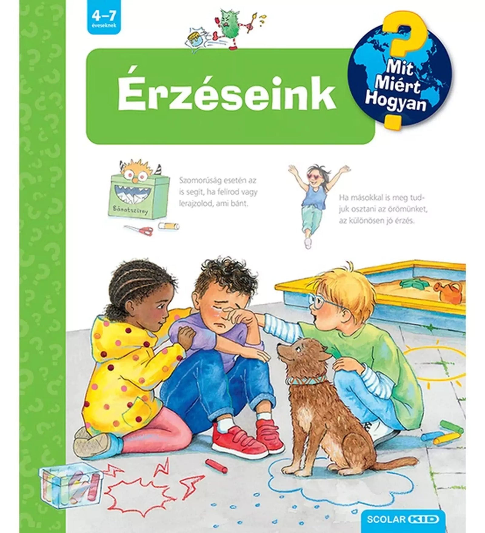 „Érzéseink! Mit? Miért? Hogyan? (71.) magyar nyelvű könyv borítója, három kisgyerekkel, akik érzelmeket élnek át és segítik egymást a játszótéren.”