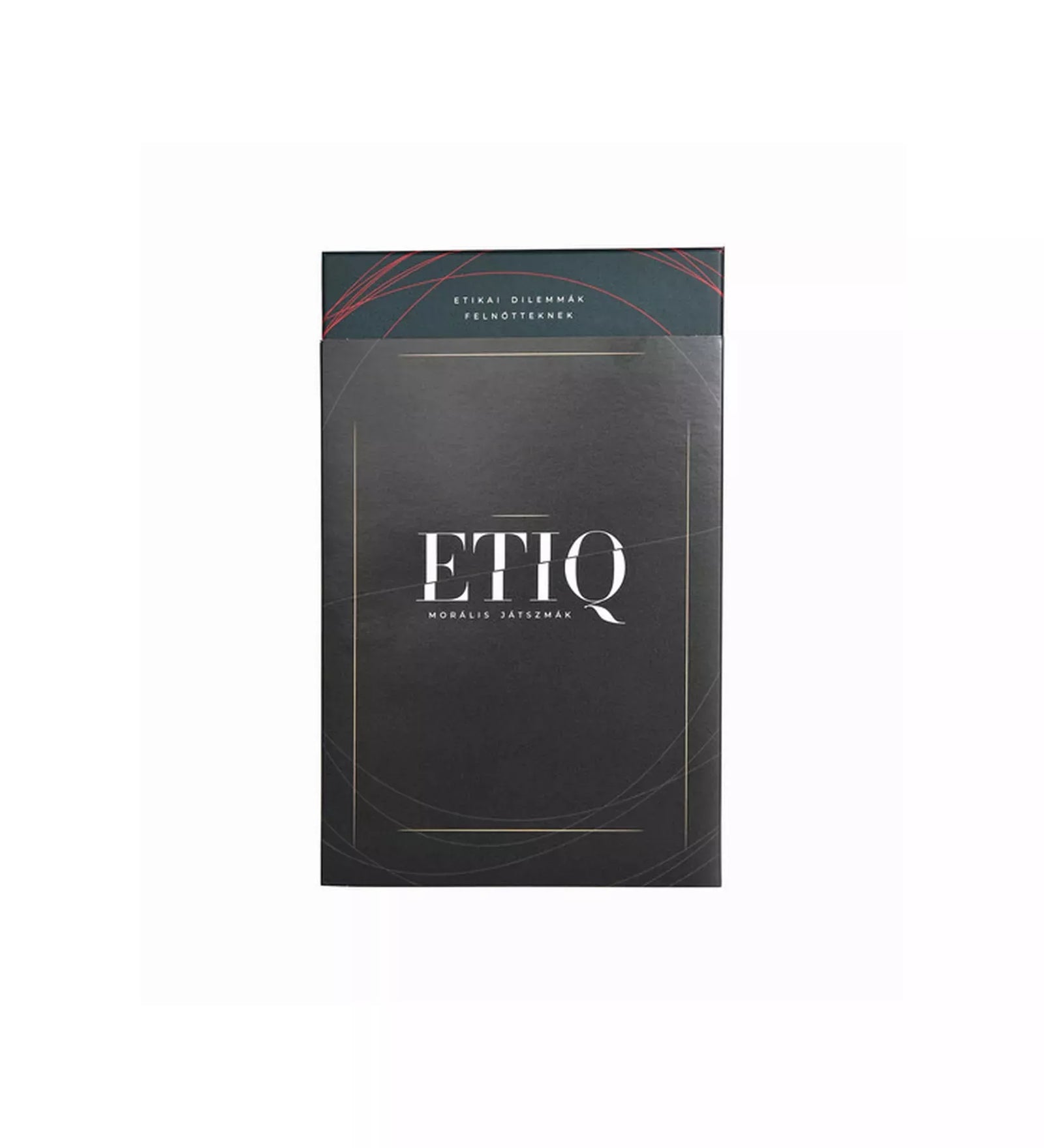 ETIQ – Morális játszmák társasjáték doboza teljes előoldalnézetben, fekete alapon minimalista arany és vörös vonalvezetéssel. A felső részen „Etikai dilemmák felnőtteknek”, középen az elegáns „ETIQ” logó látható. A zárt doboz letisztult dizájnja hangsúlyozza a játék komoly, felnőtteknek szánt tartalmát.