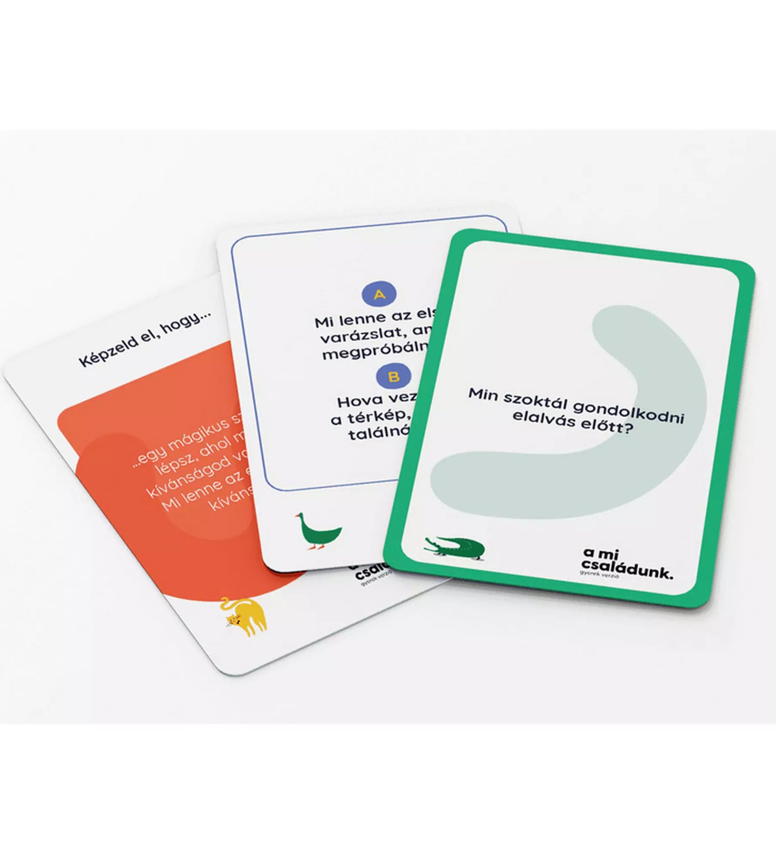 A mi családunk – gyerek verzió három színes beszélgetős kártyája különféle kérdésekkel, például: ’Min szoktál gondolkodni elalvás előtt?