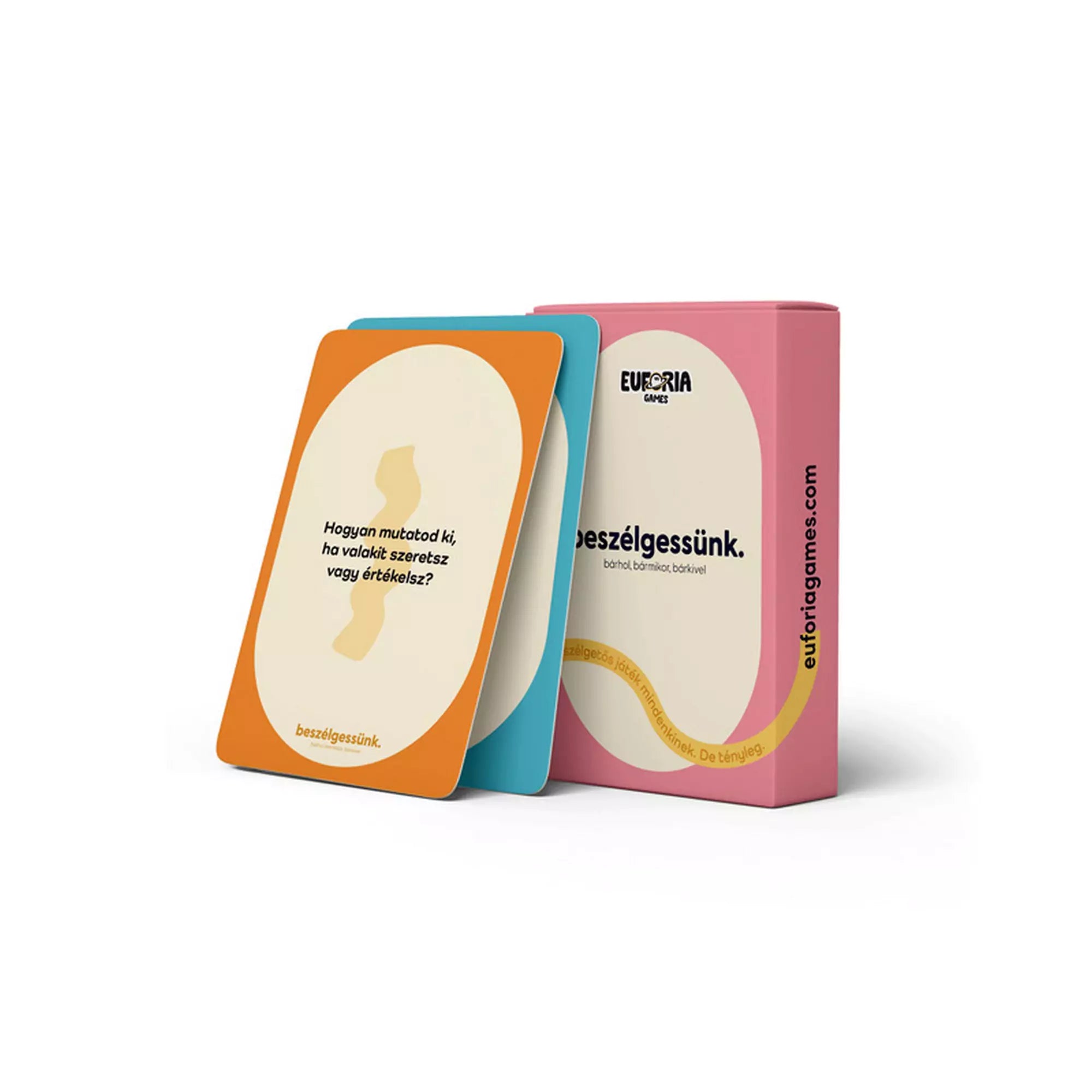 A Beszélgessünk – Eufória Games társasjáték színes doboza és néhány kérdéskártya, például: „Hogyan mutatod ki, ha valakit szeretsz vagy értékelsz?