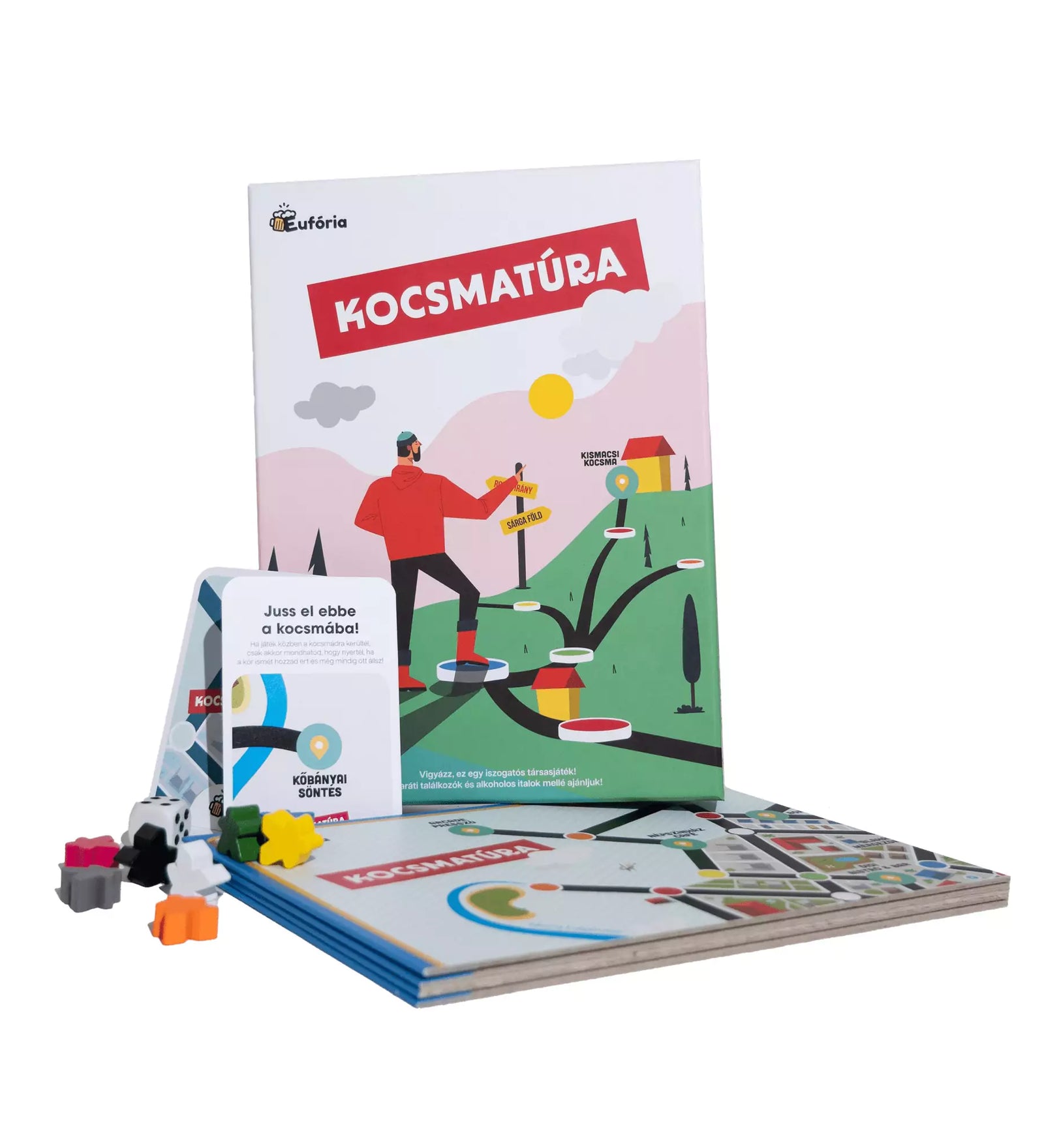 A Kocsmatúra társasjáték doboza, mellette játéktáblák, figurák és játékkártyák színes, vidám grafikával.
